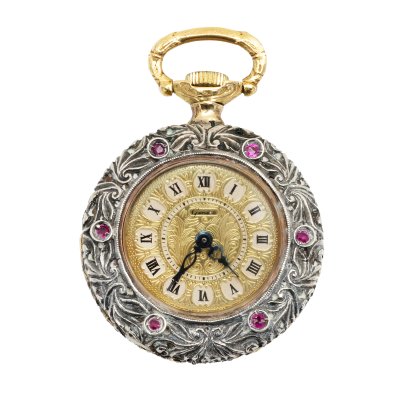 Geneva Pocket Watch, Ladies, made of Gold and Silver, adorned with enamel illustrating a gallant scene, diamonds and rubies