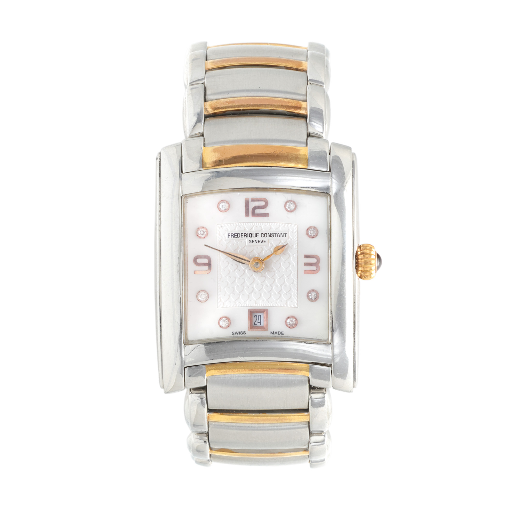 Frederique Constant Classics Delight Square Watch, made of partially gold plated stainless steel, decorated with diamonds and citrine, hand-wound, ladies' edition