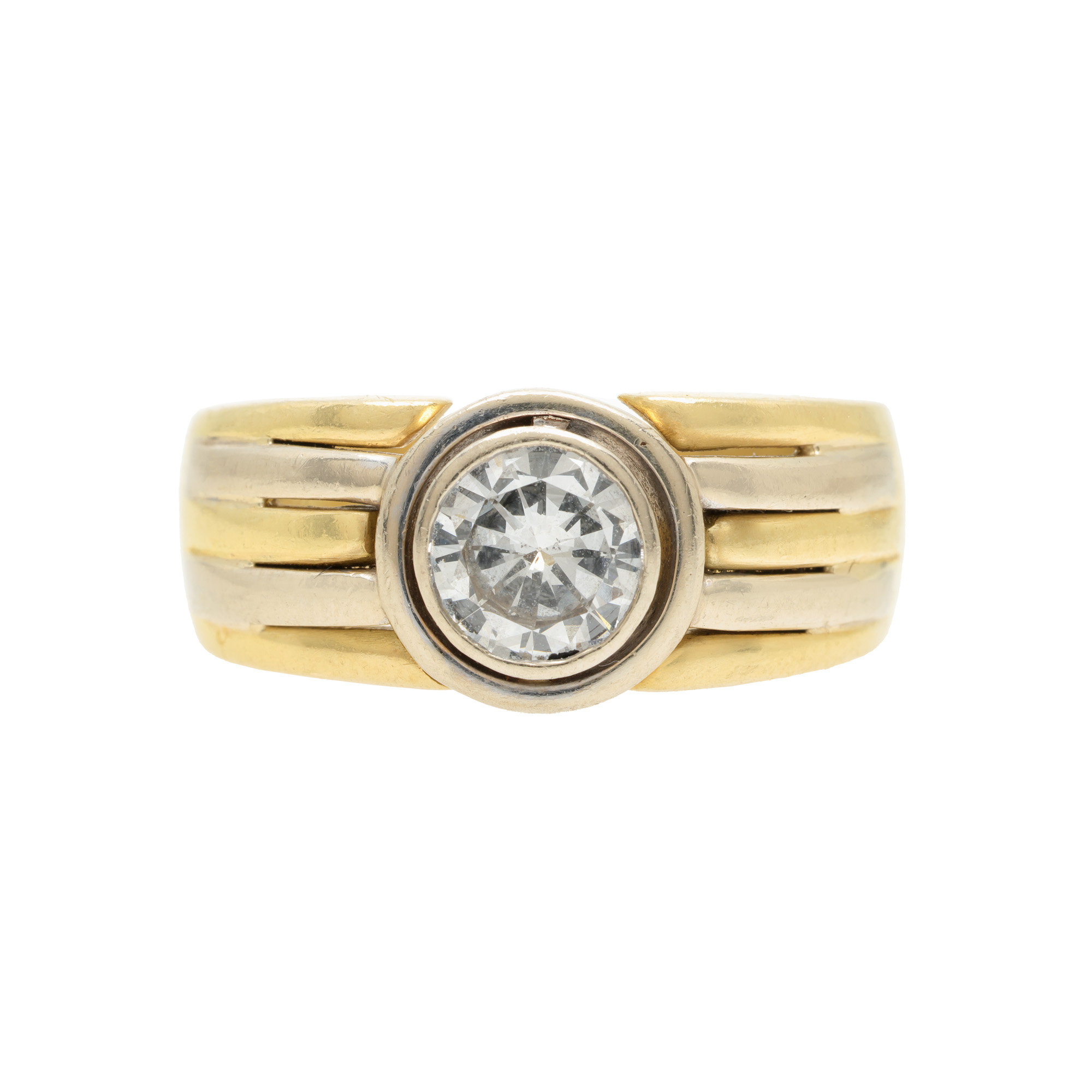Solid bicolor gold ring, decorated with central diamond, accompanied by additional gemological certificate