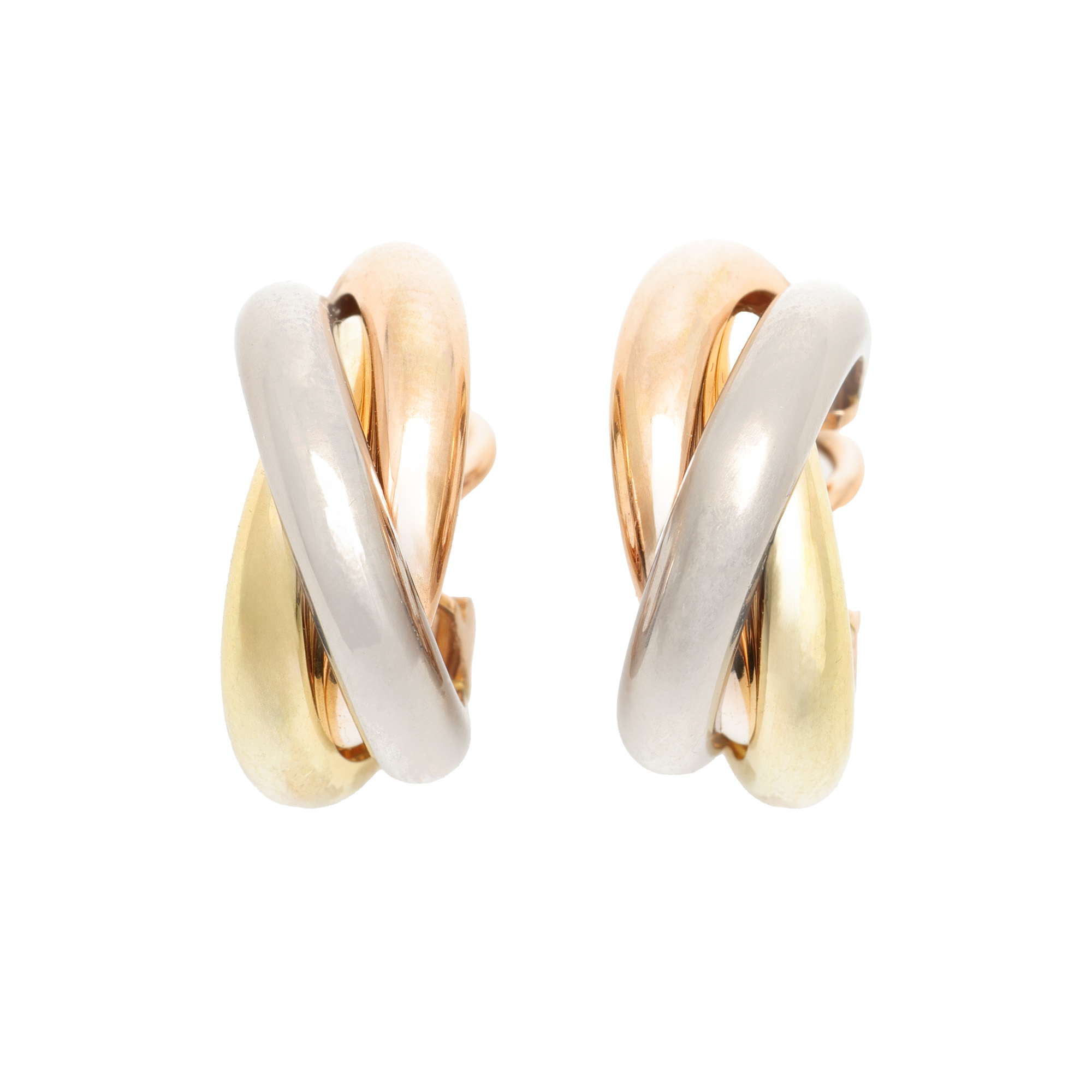Pair of Cartier Trinity earrings, in three-color gold, in original box