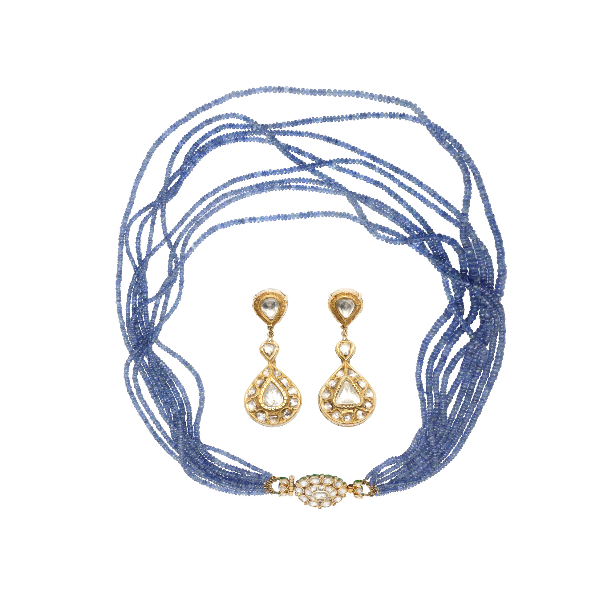 Gold set, comprised of a necklace and a pair of earrings, adorned with sapphires and enamel, accompanied by an additional gemological certificate