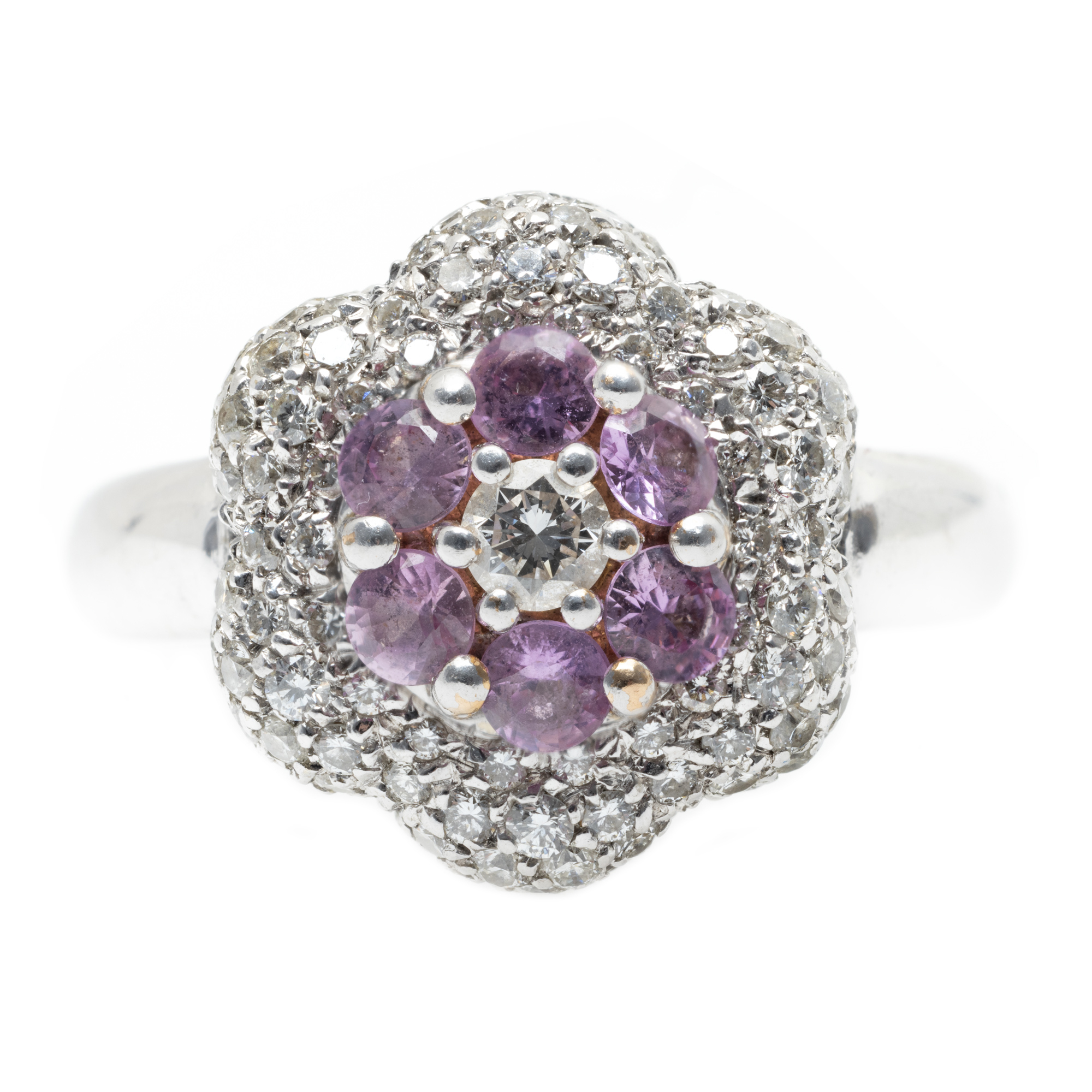Damiani white gold ring, decorated with diamonds and pink sapphires