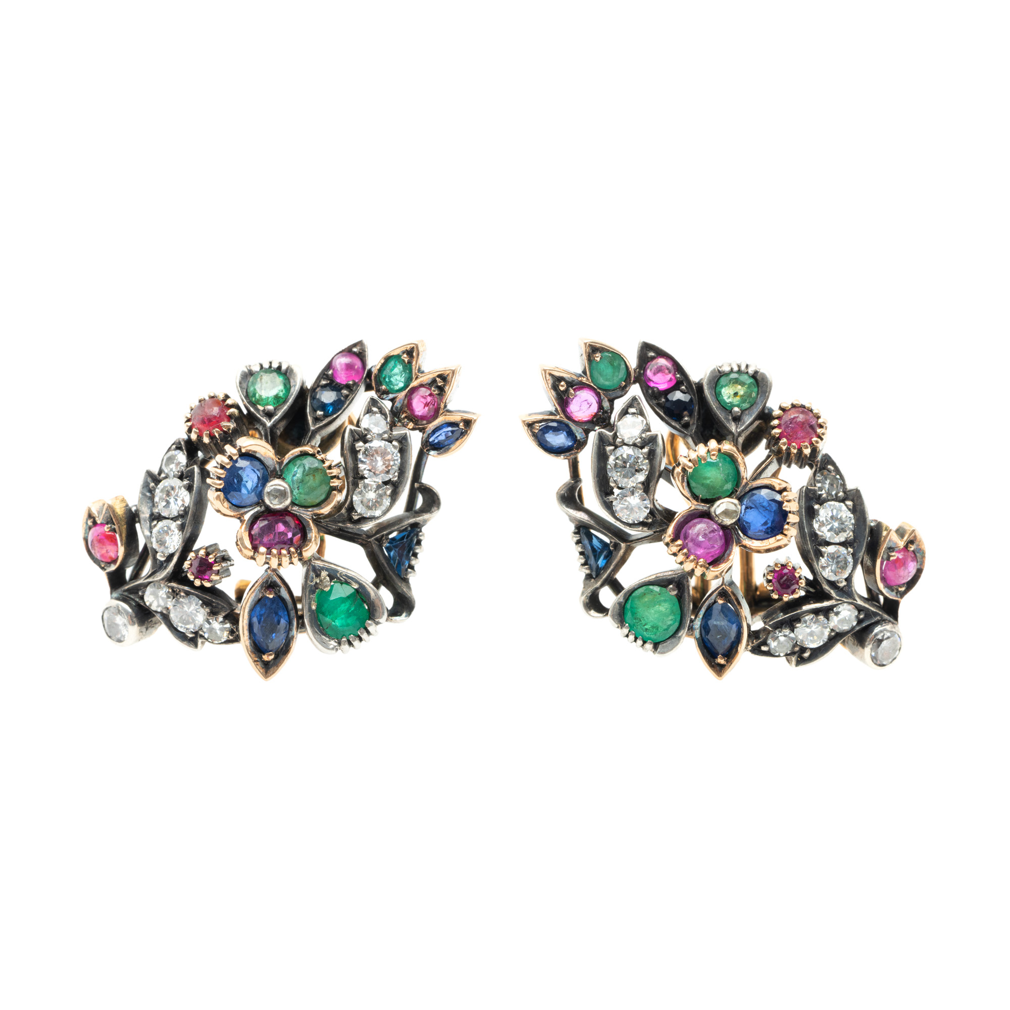 Pair of gold and silver earrings, decorated with diamonds, emeralds, sapphires and rubies