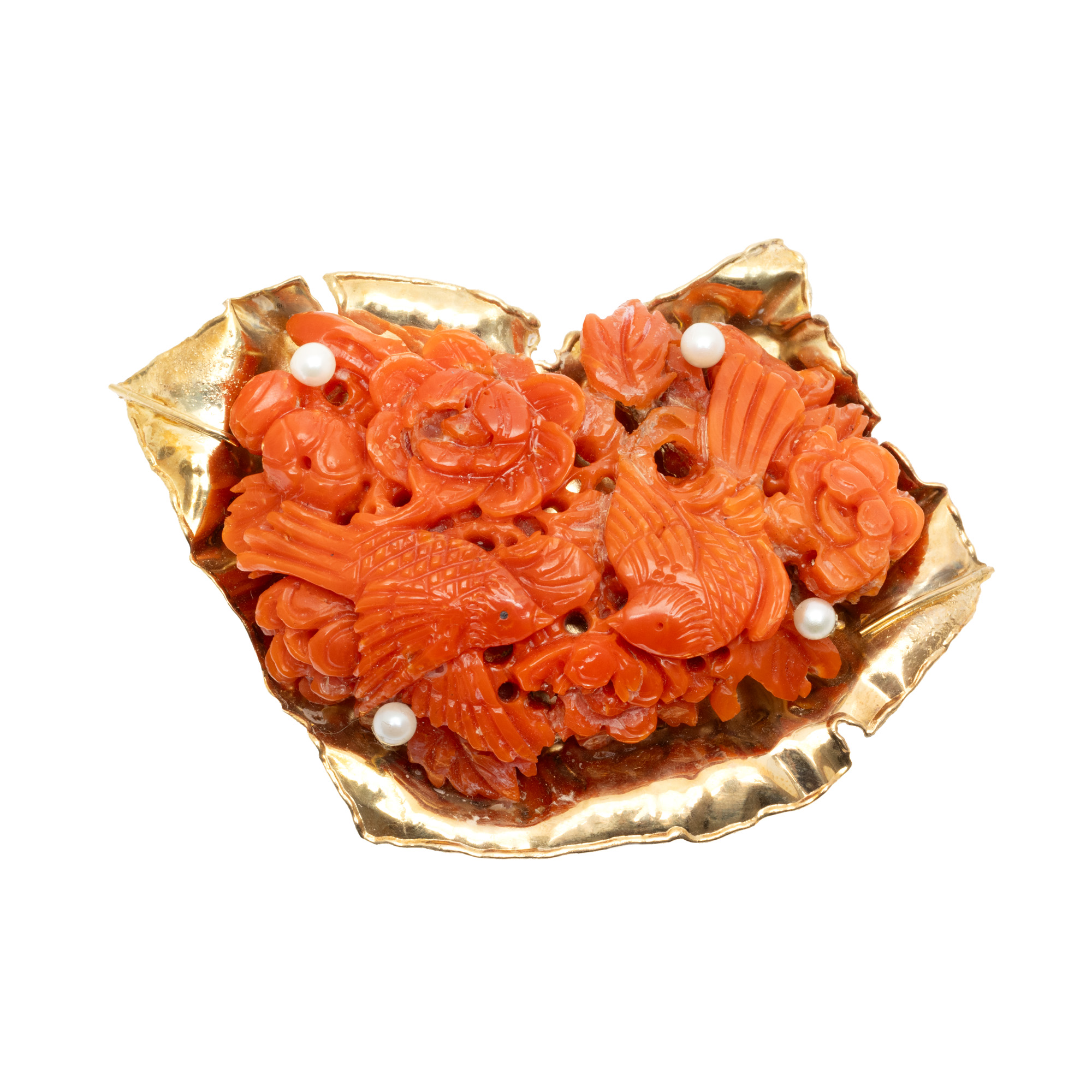 Gold brooch-pendant decorated with pearls and carved coral, illustrating a Japanese scene with sparrows and pumpkin flowers, circa 1985