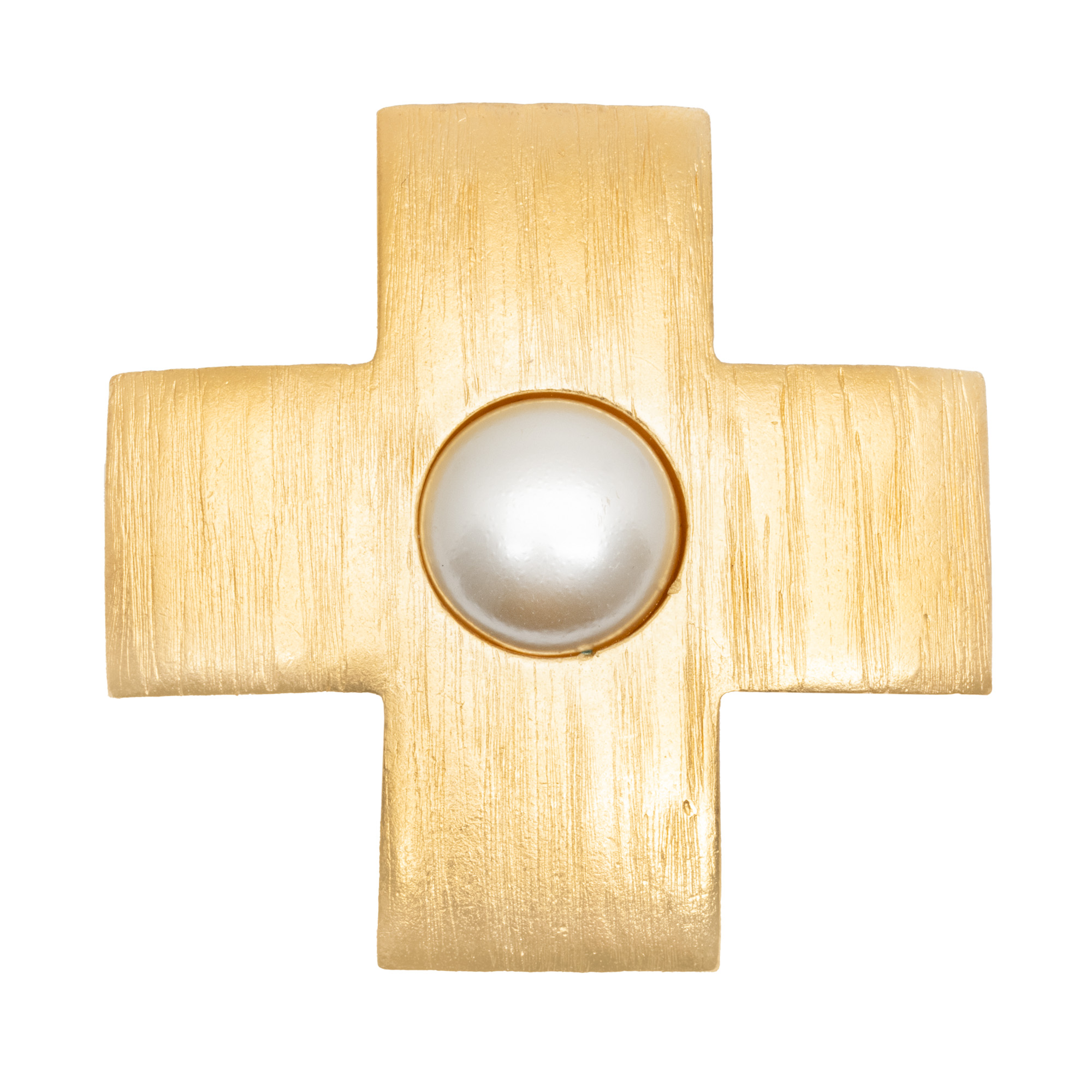 Yves Saint Laurent Gold-Plated Cross Brooch, Decorated with Faux Pearl