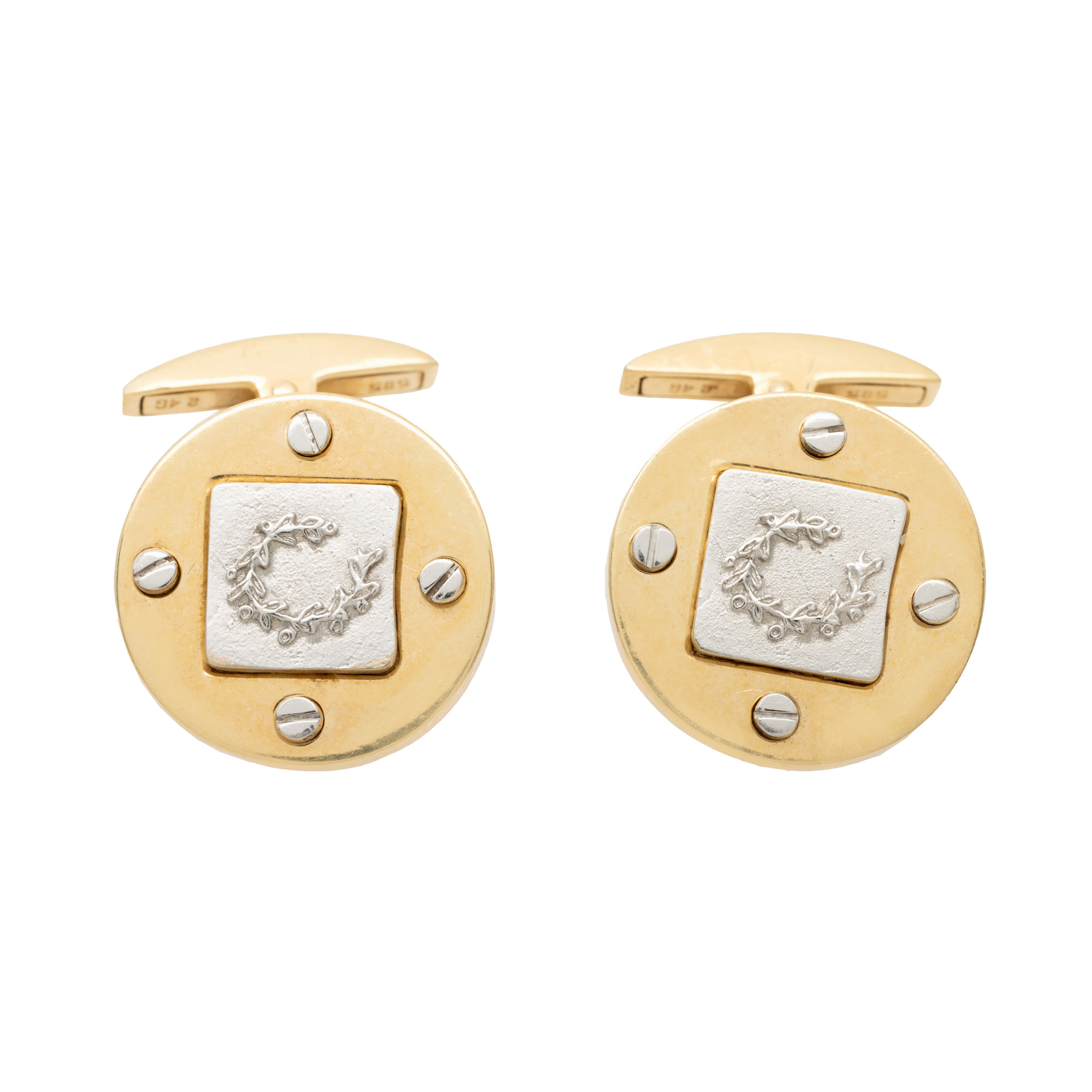 Pair of cufflinks, in two-tone gold, handcrafted, decorated with a laurel wreath