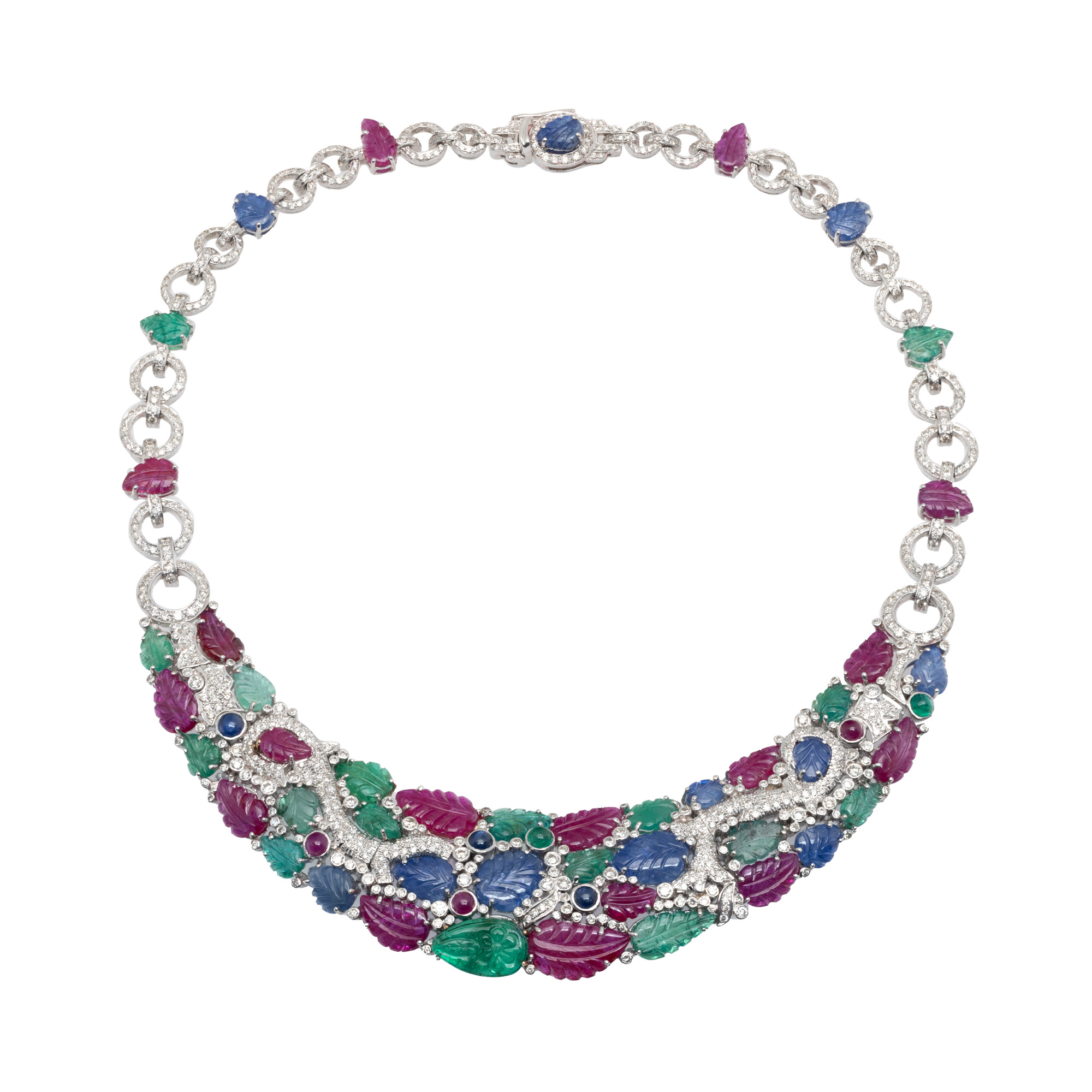 Spectacular white gold necklace, decorated with carved emeralds, rubies and sapphires and diamonds
