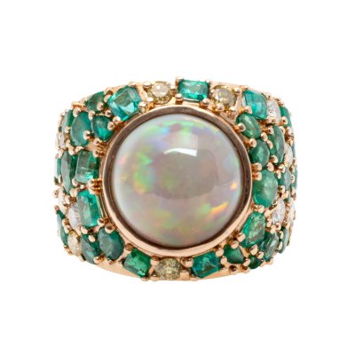 Gold ring, decorated with opal, emeralds and diamonds, accompanied by a GFCO Gem Lab gemological certificate