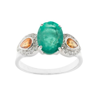 White gold ring, decorated with emerald, orange sapphires and diamonds