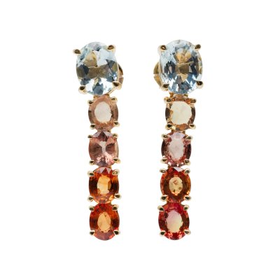 Pair of gold earrings, decorated with aquamarine and multicolored sapphires