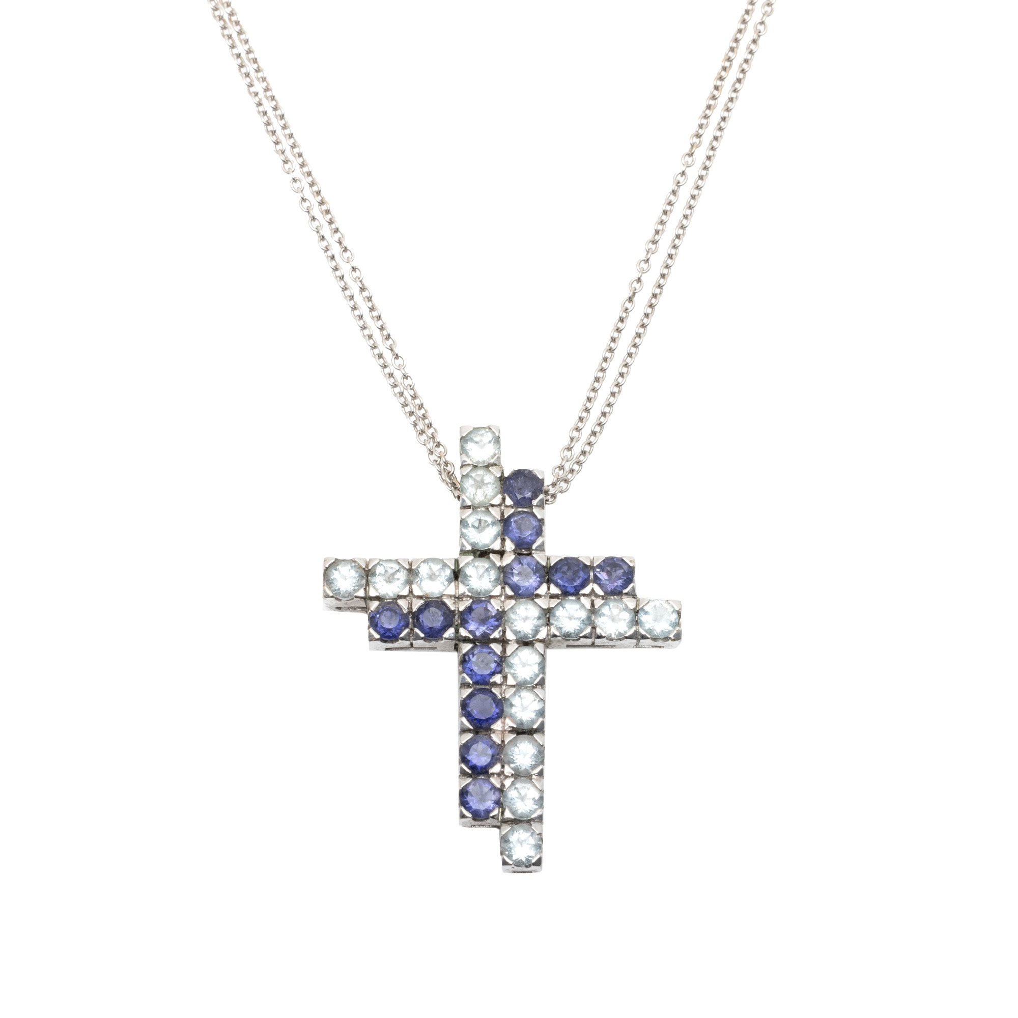 White gold chain with pendant decorated with aquamarines and iolites