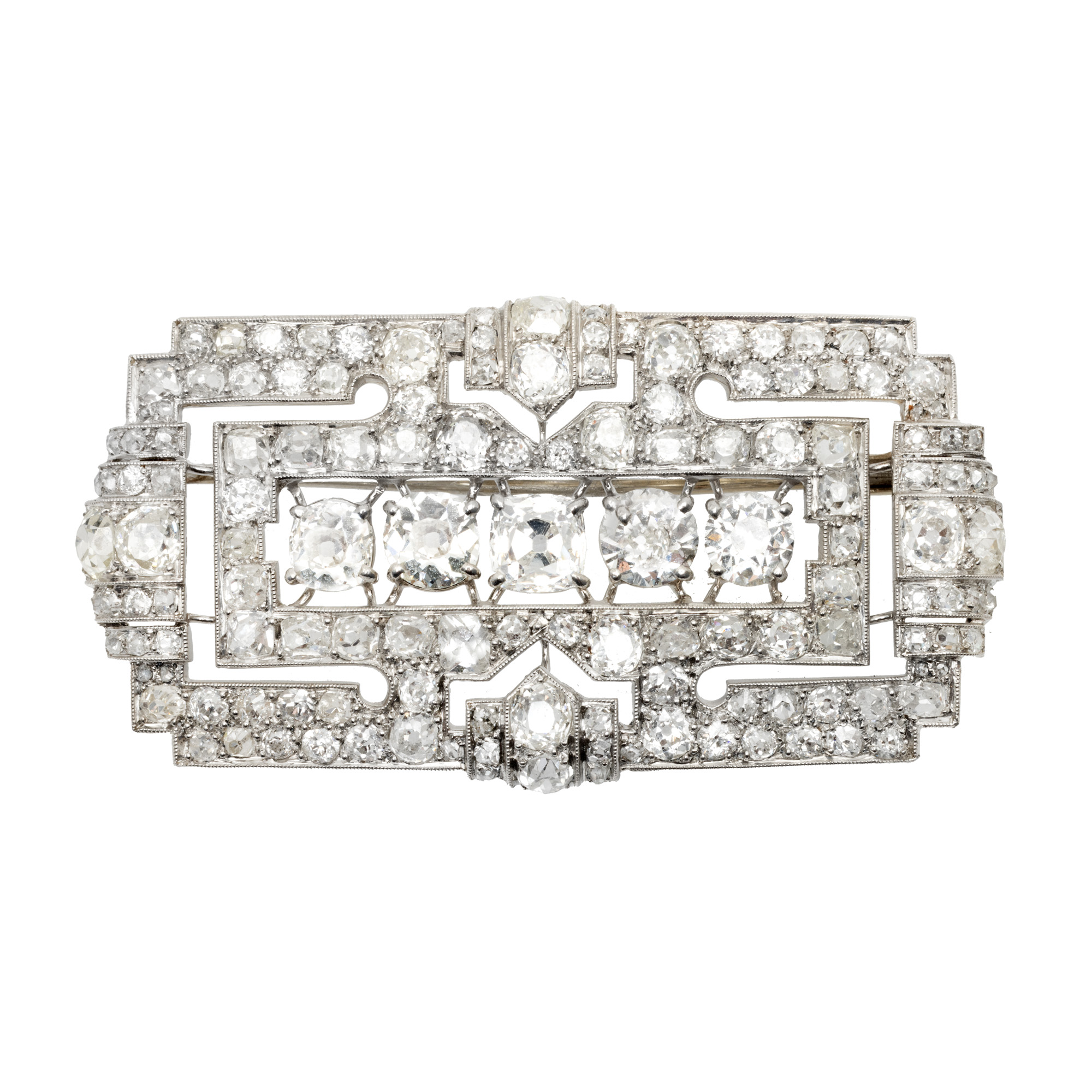 Monumental Art Deco brooch in platinum and white gold, decorated with a plethora of natural diamonds, cca. 1925