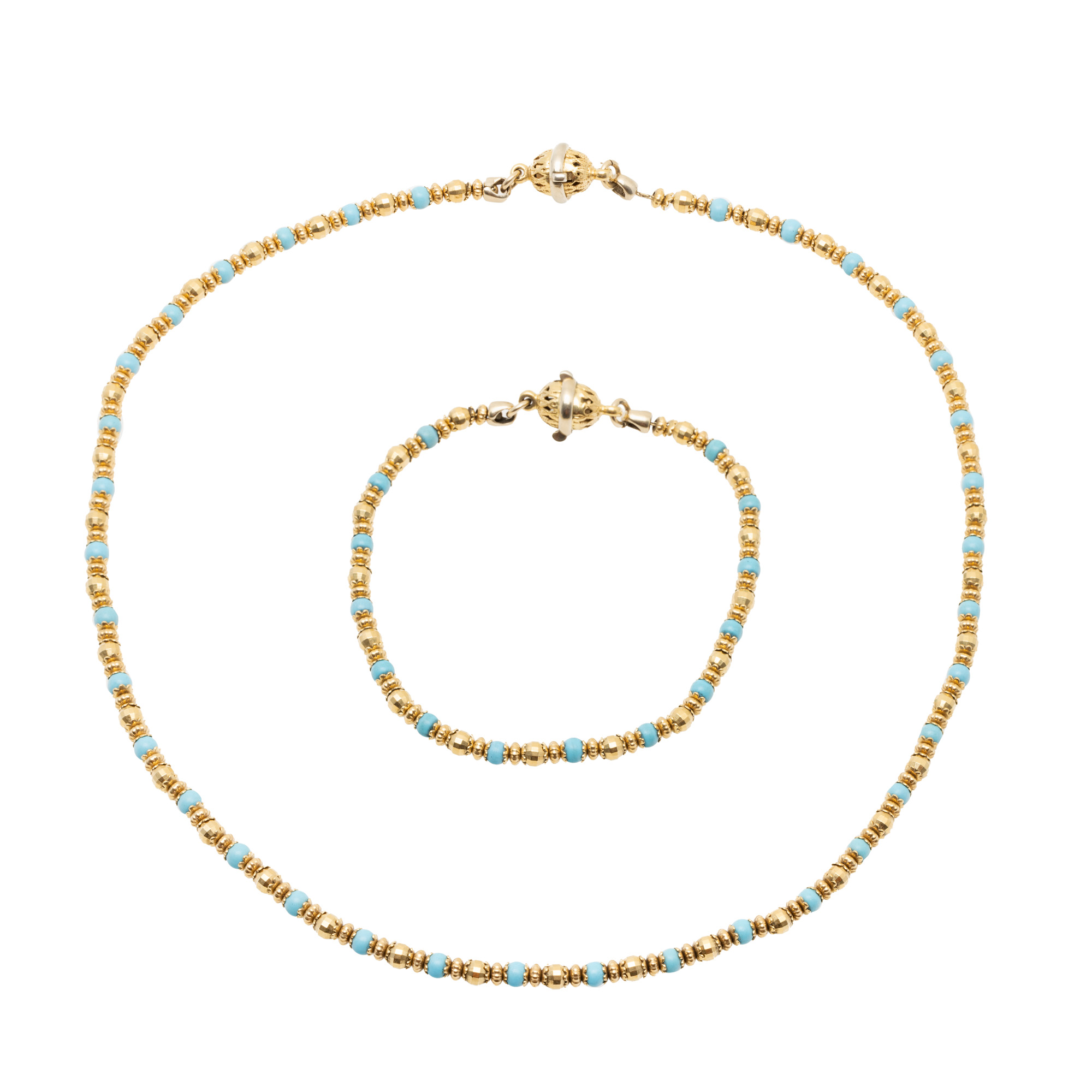 Set of necklace and bracelet, decorated with alternating turquoises and gold beads