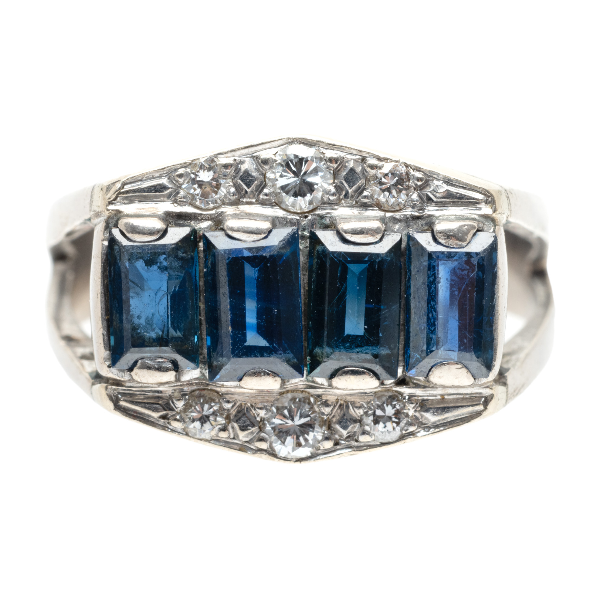 Art Deco Inspired Ring, in White Gold, Decorated with Sapphires and Diamonds