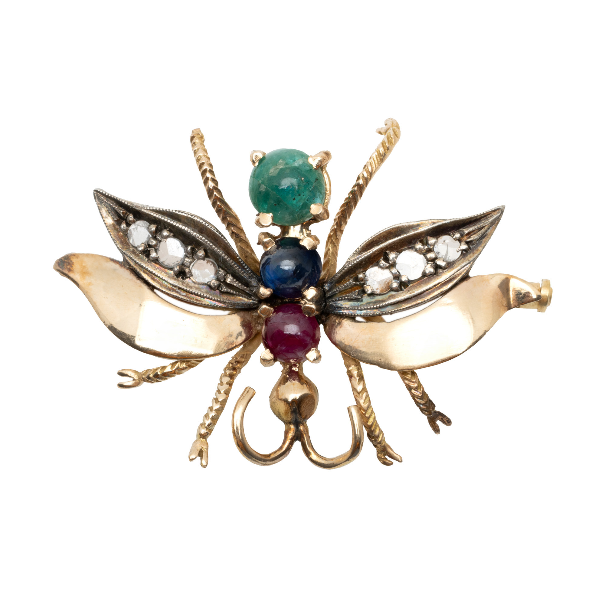 Gold and silver brooch in the shape of an insect, decorated with diamonds, sapphire, emerald and cabochon ruby
