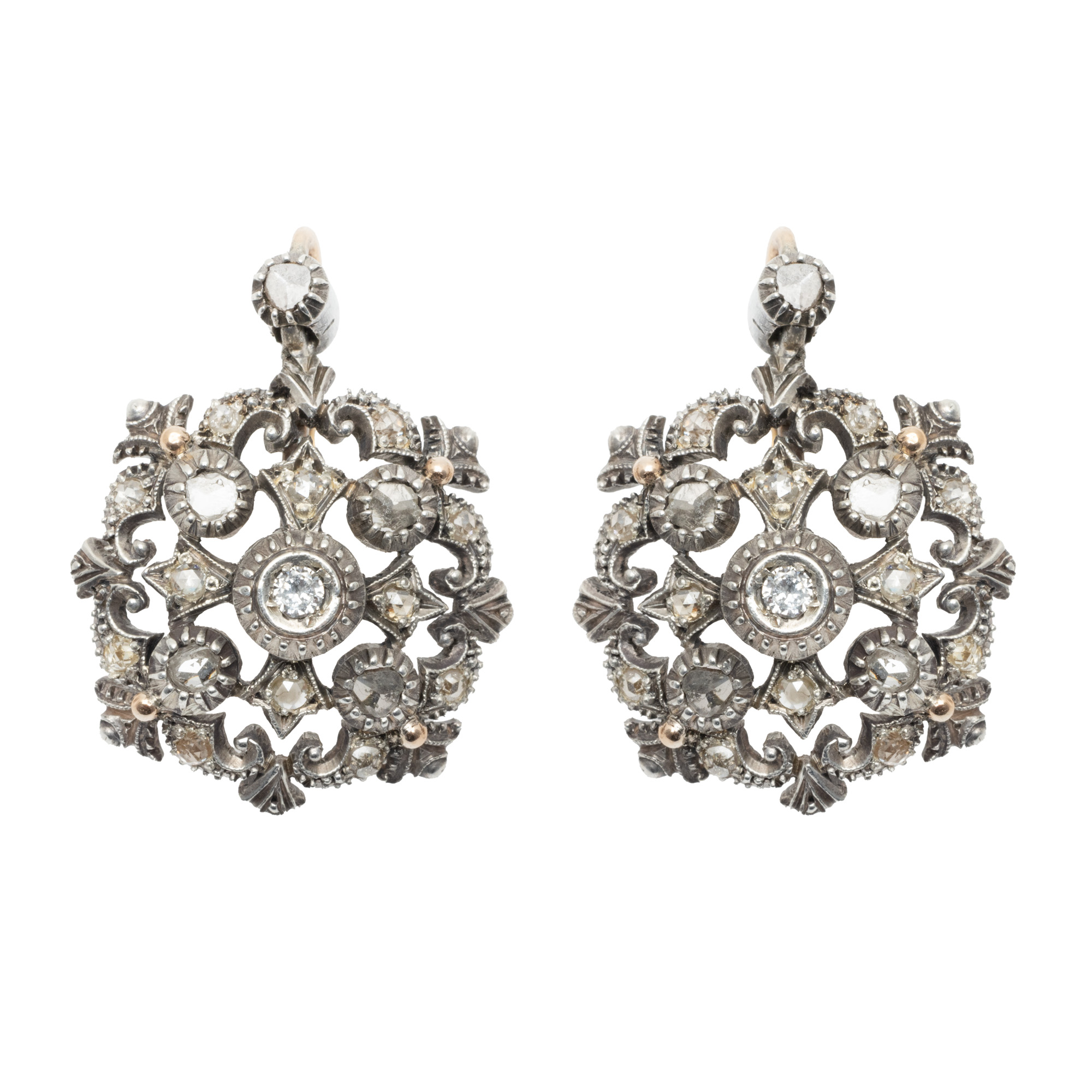 Pair of gold and silver earrings, decorated with diamonds