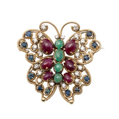 Broșă din aur bicolor, ornată cu diamante și pietre prețioase