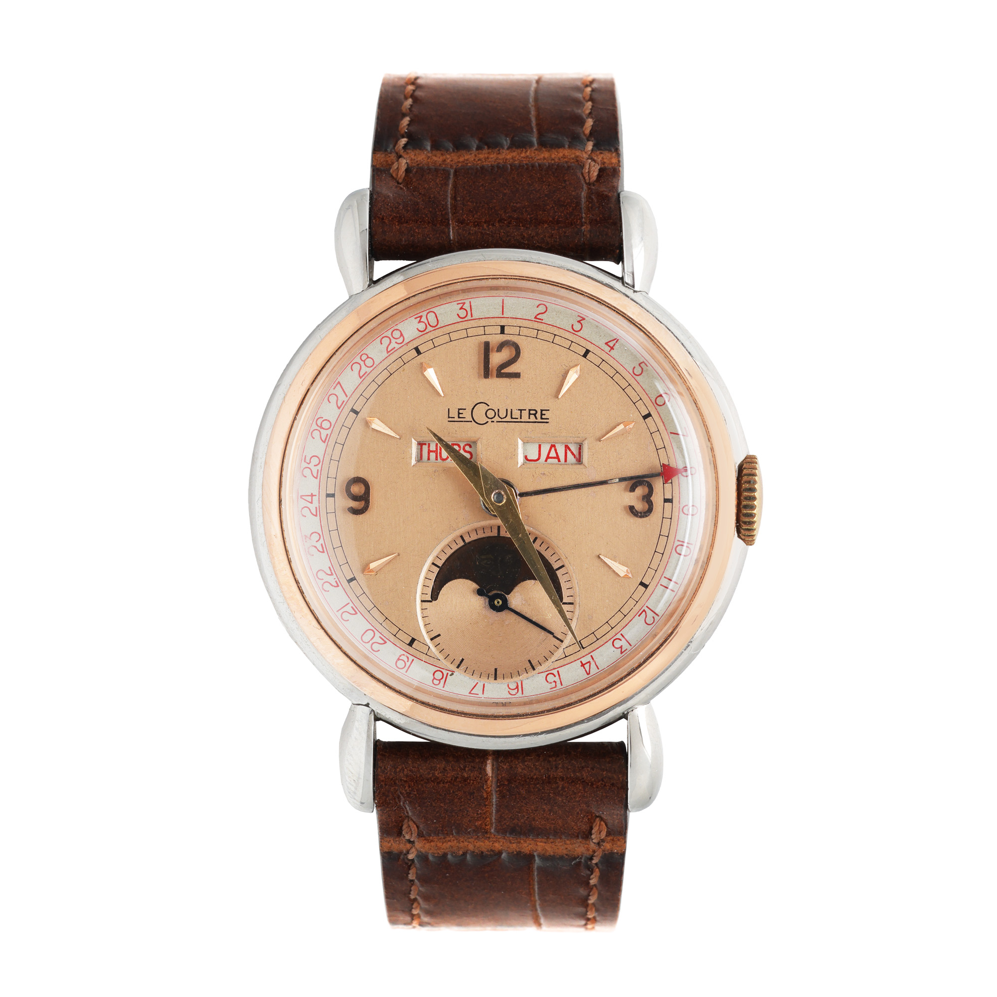 Rar ceas Jaeger LeCoultre Triplecalendar Moonphase, din aur roz și oțel, de mână, bărbătesc