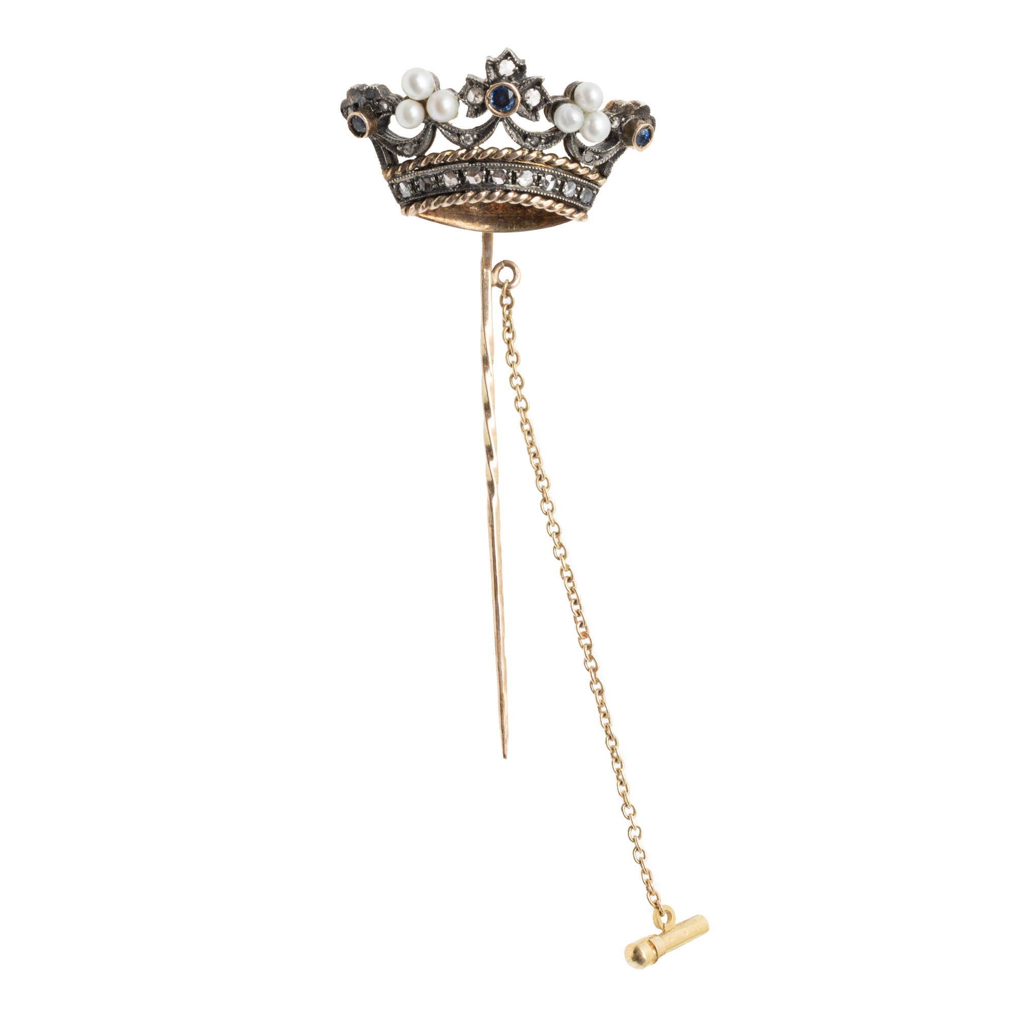Gold and silver pin, adorned with a crown paved with diamonds, pearls and sapphires
