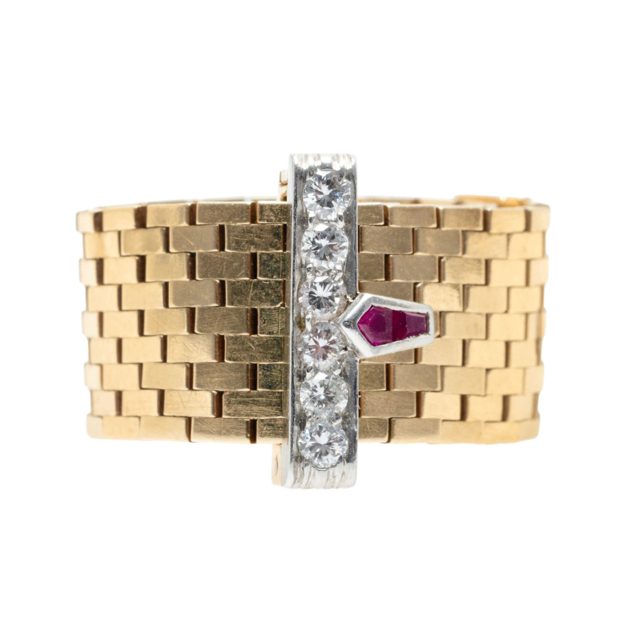 Gold and Platinum Buckle Ring, Decorated with Diamonds and Rubies
