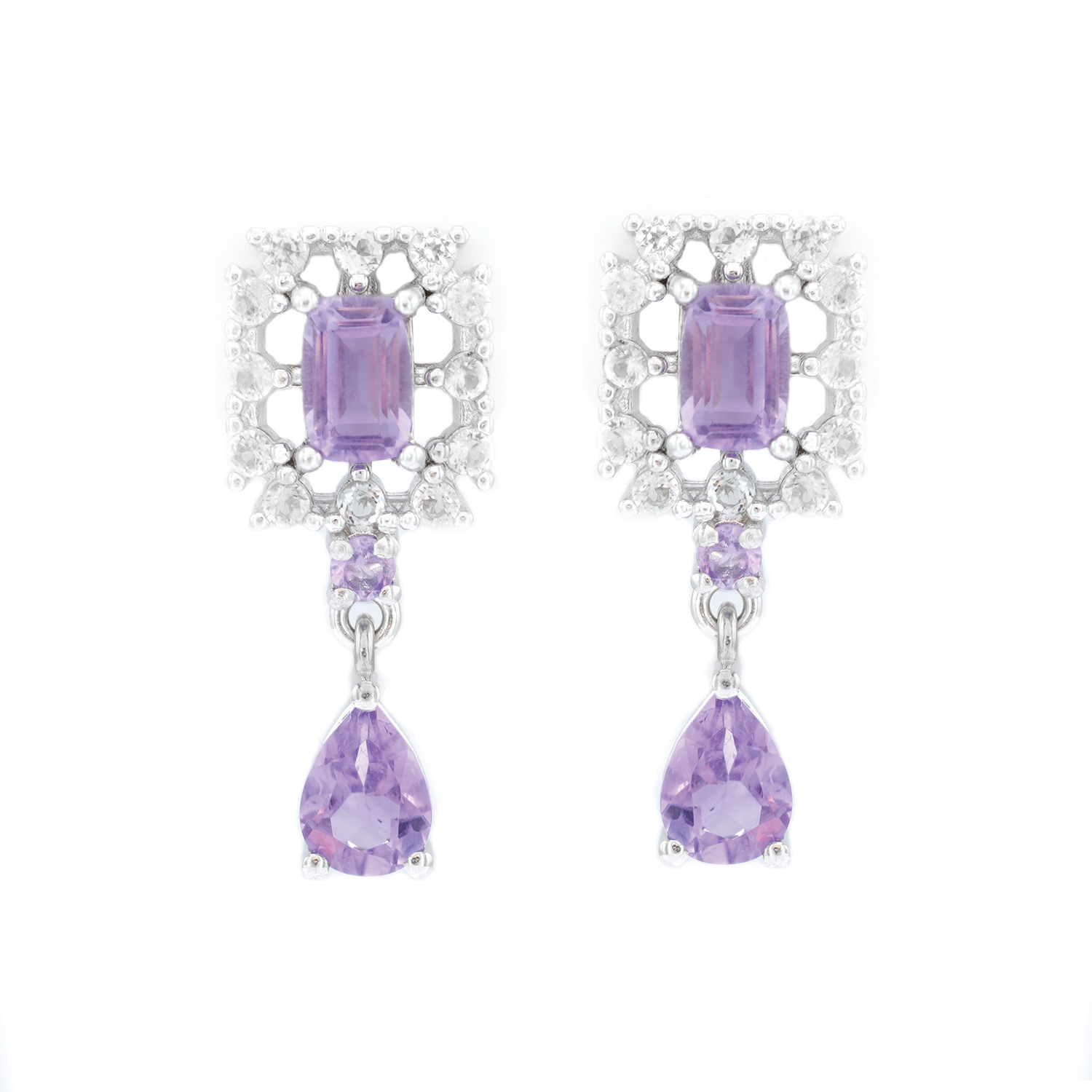 A pair of gold-plated silver earrings, adorned with amethysts and topazes