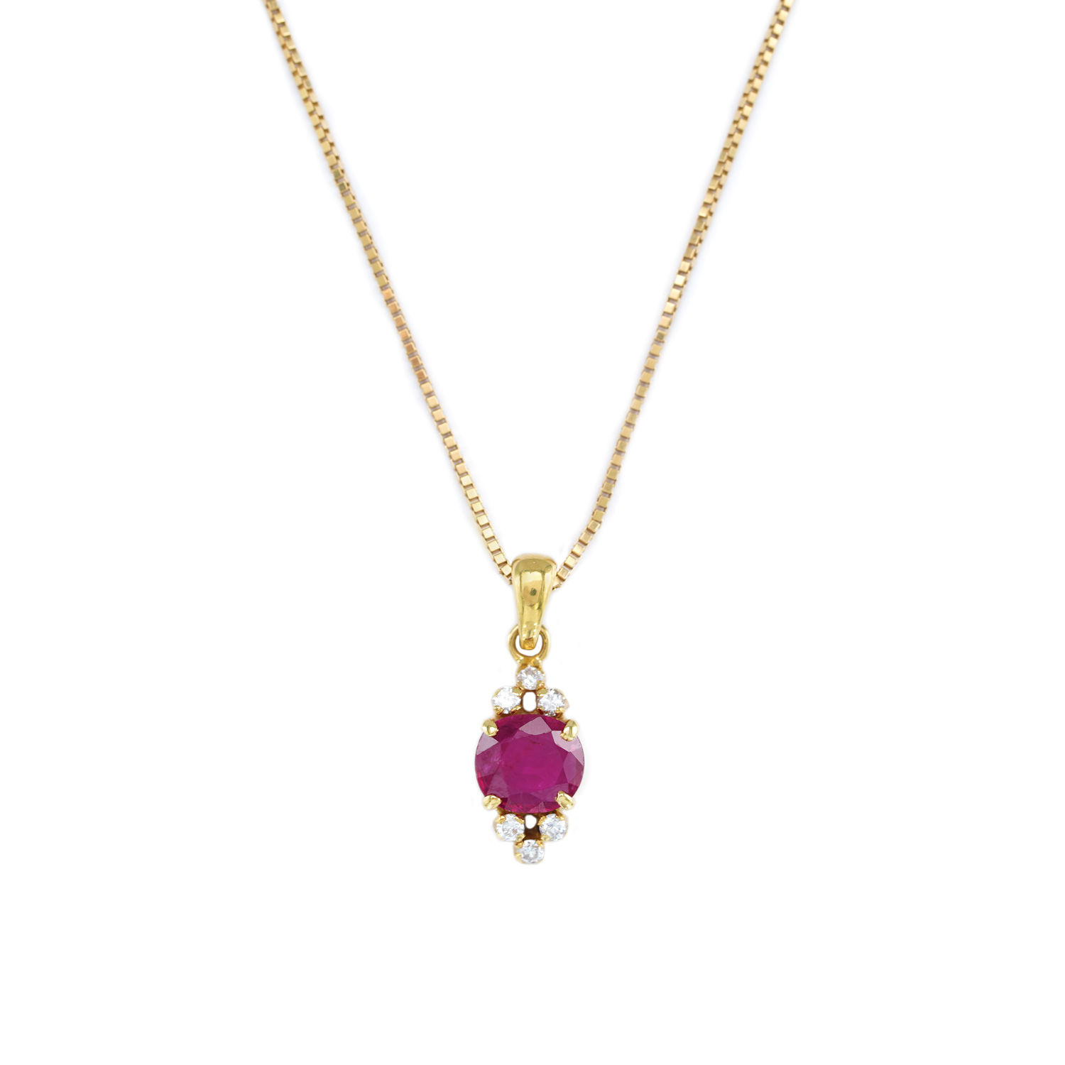 Necklace with a gold pendant, adorned with rubies and diamonds