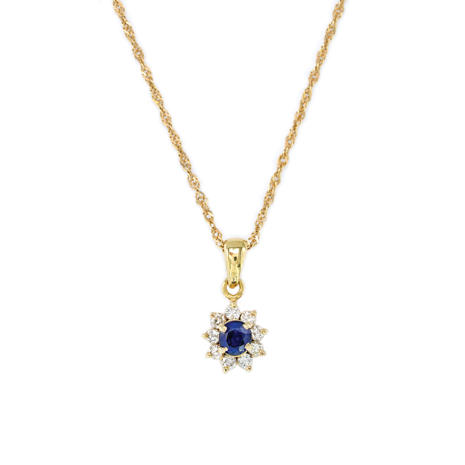 Gold pendant necklace, adorned with sapphires surrounded by diamonds