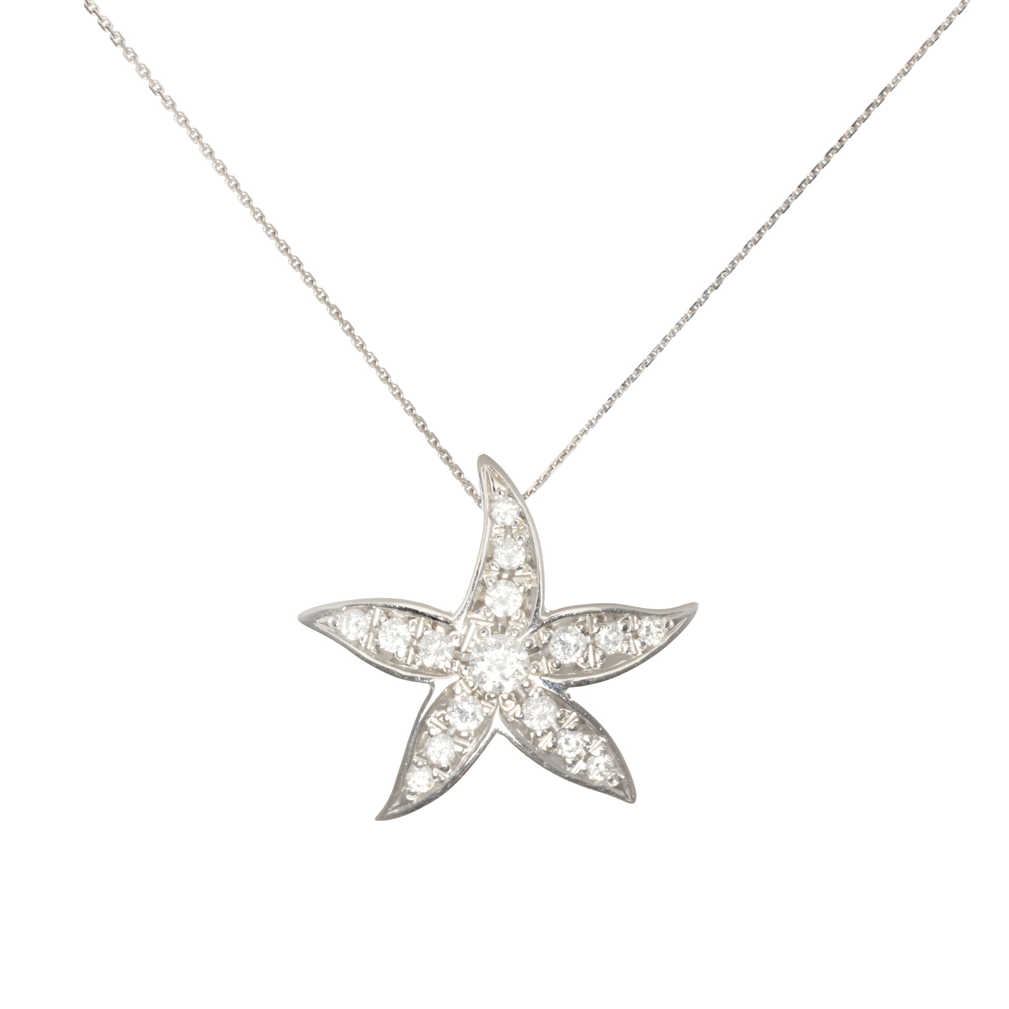 White gold chain with star-shaped pendant, decorated with diamonds