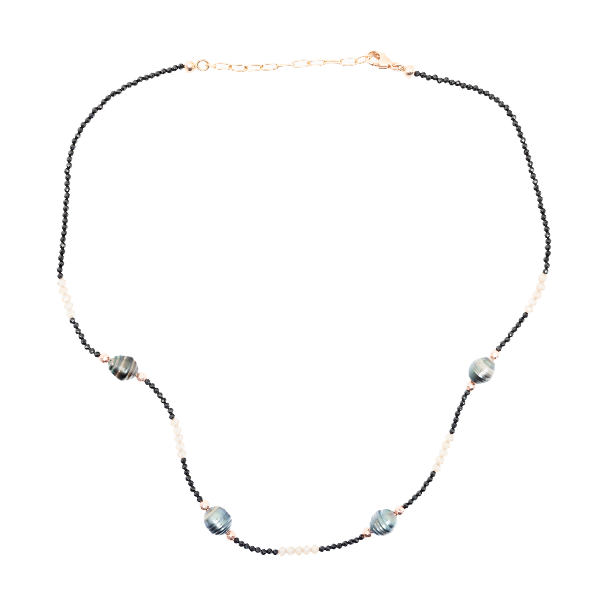 Rose gold necklace, decorated with spinel, sapphires and Tahitian pearls