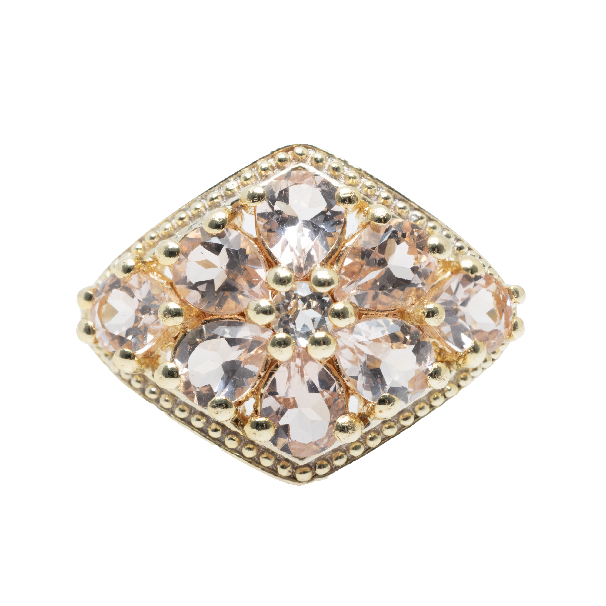 Gilded silver ring, in the shape of a flower, decorated with morganites