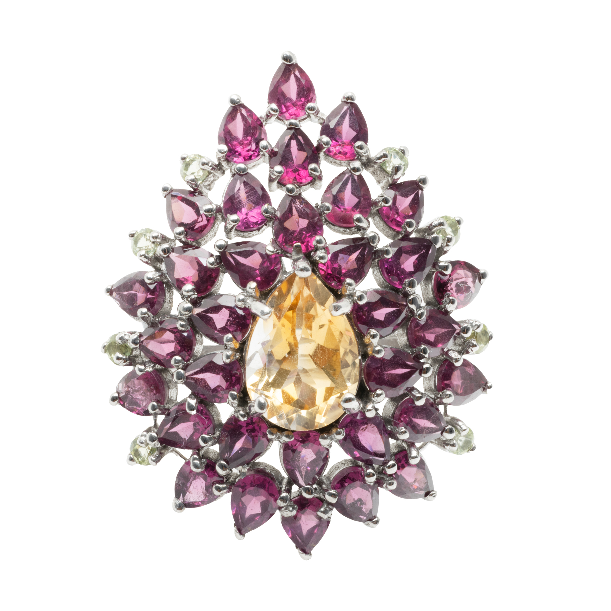 Silver ring decorated with citrine, rhodolites and tourmalines