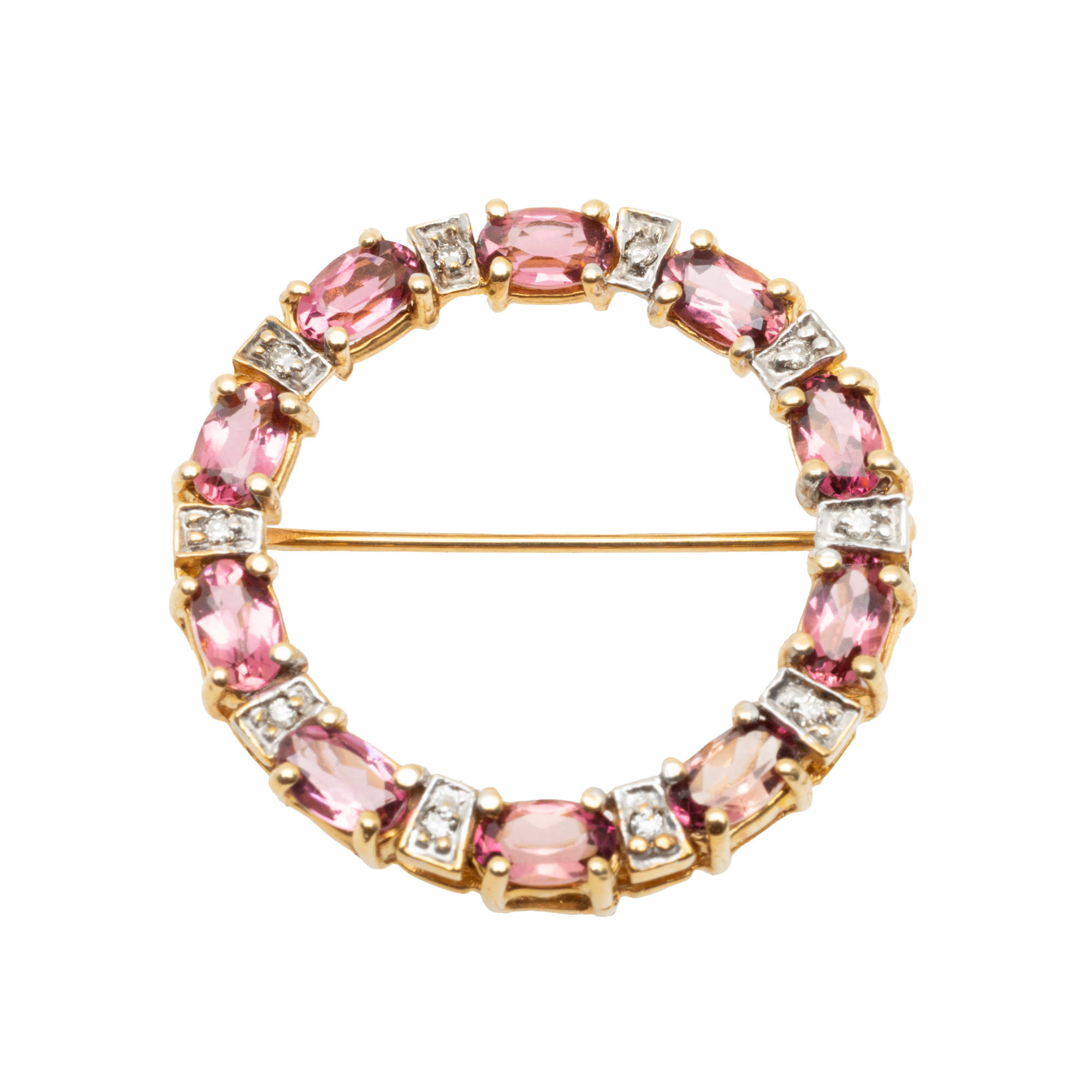 Gold brooch decorated with alternating tourmalines and diamonds