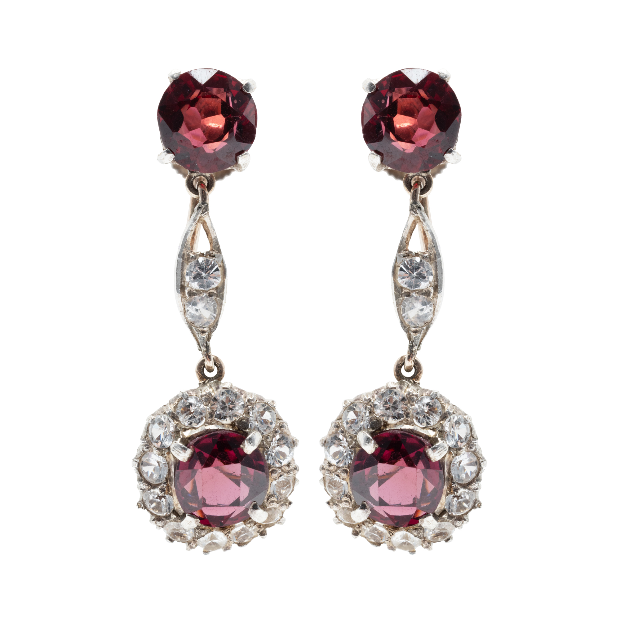 Pair of gold earrings, decorated with sapphires and rhodolites