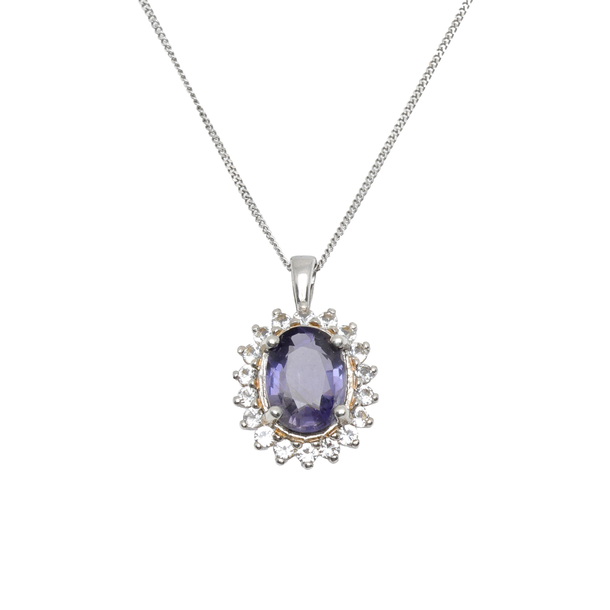 Chain with pendant, made of white gold and silver, decorated with an iolite and topazes