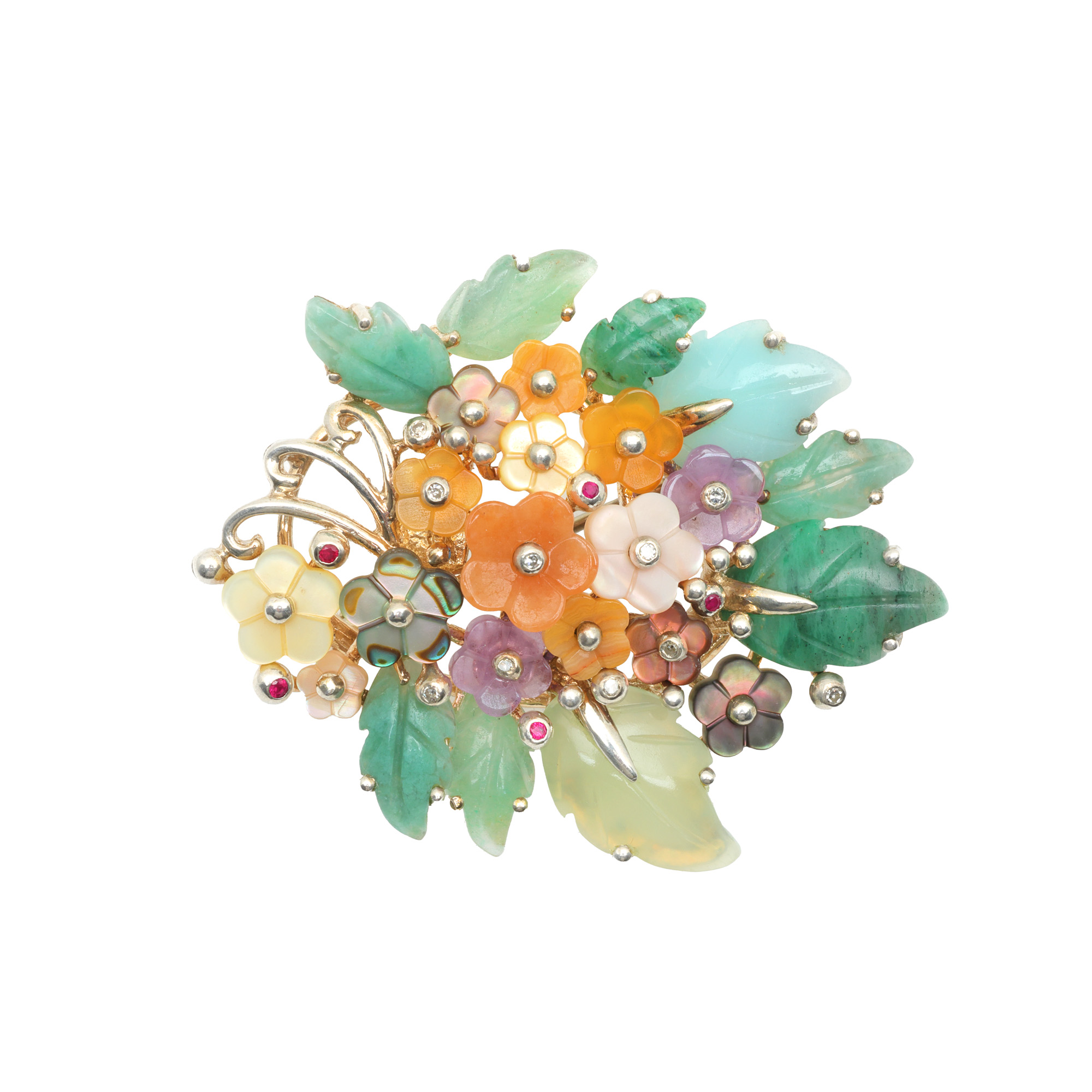 Broșă din argint, sub forma unui buchet de flori, decorată cu rubine, diamante și pietre semiprețioase