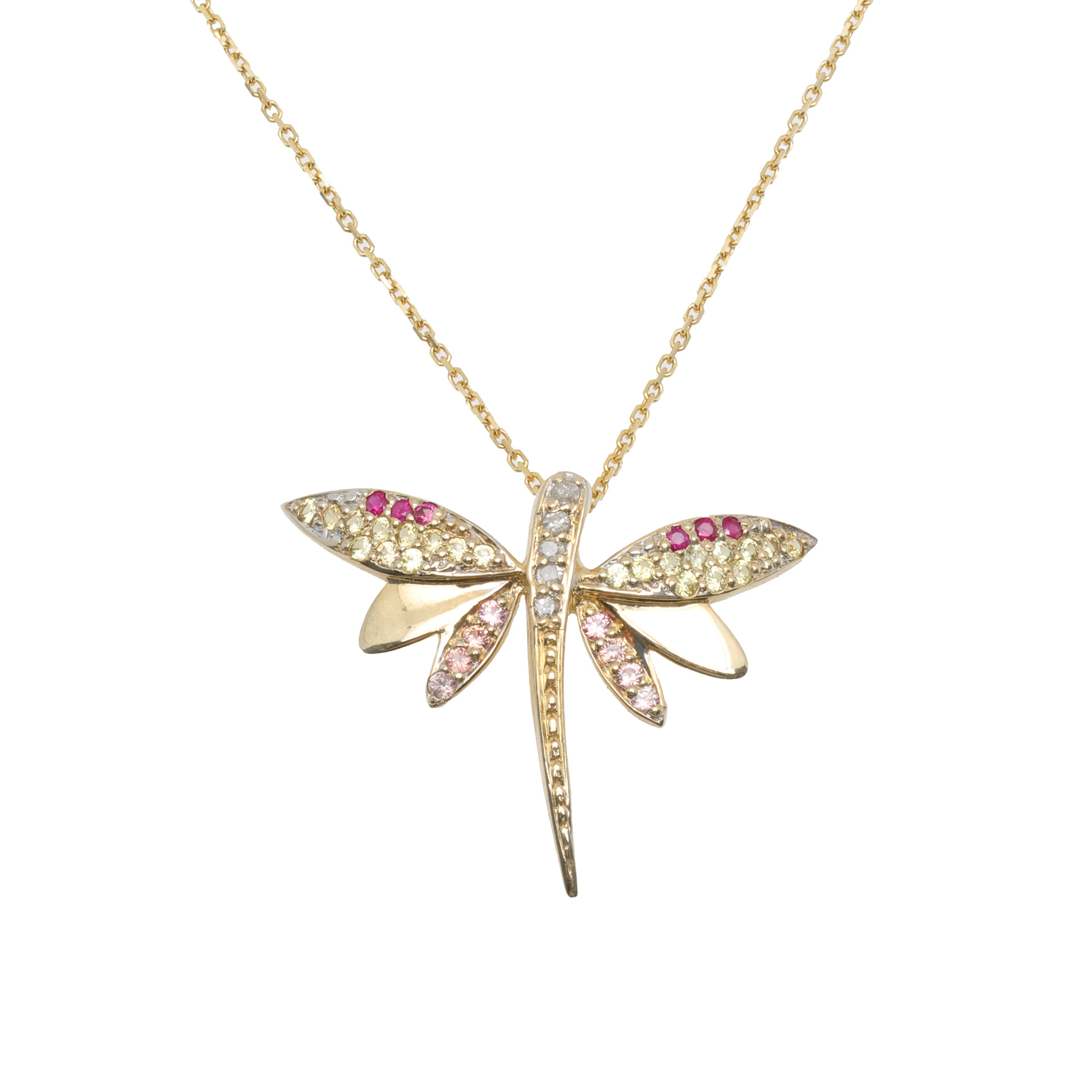 Gold chain with dragonfly pendant, decorated with diamonds, sapphires and rubies