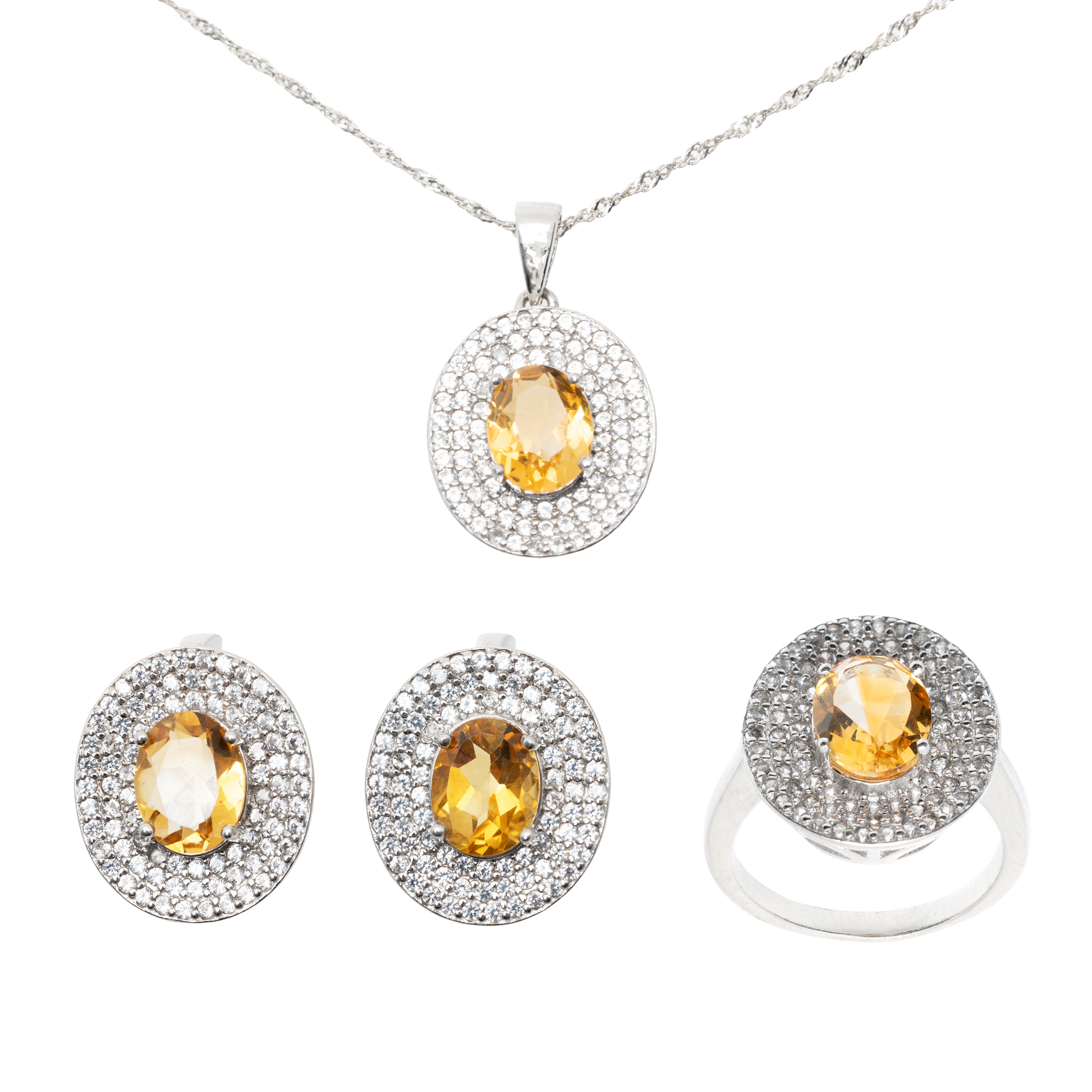 Silver set consisting of a pair of earrings, ring, and chain with pendant, decorated with white sapphires and citrines