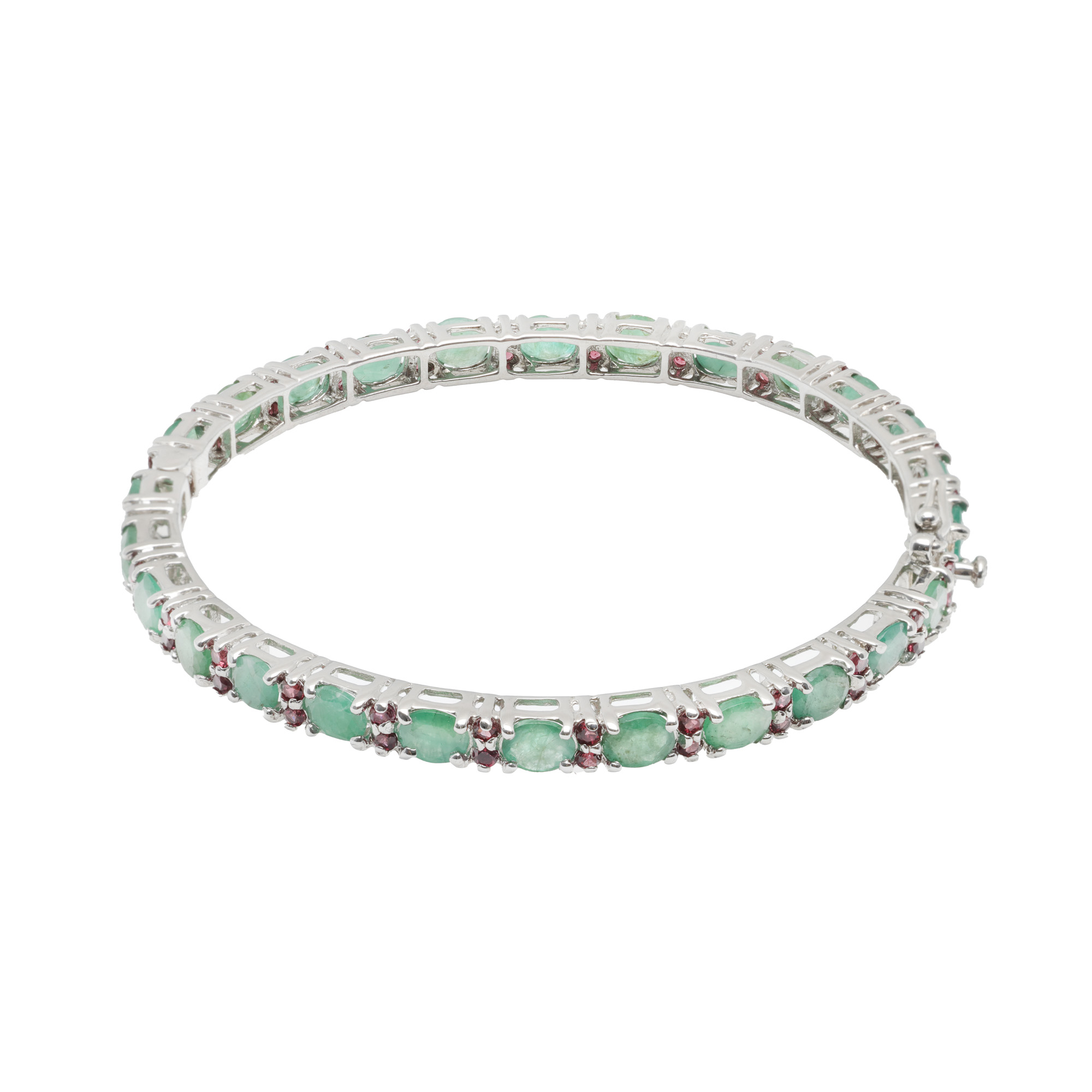 Fixed silver bracelet, decorated with emeralds and garnets
