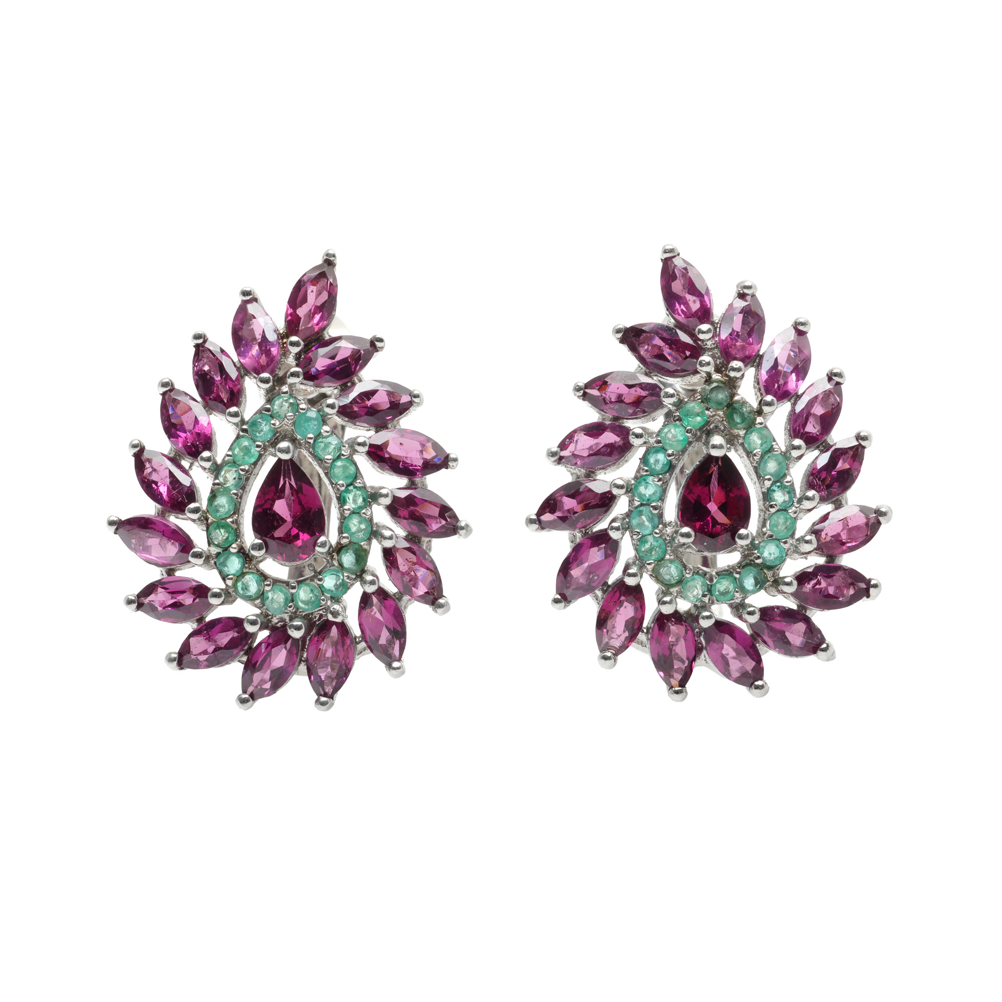 Pair of silver earrings, decorated with emeralds and rhodolite garnets