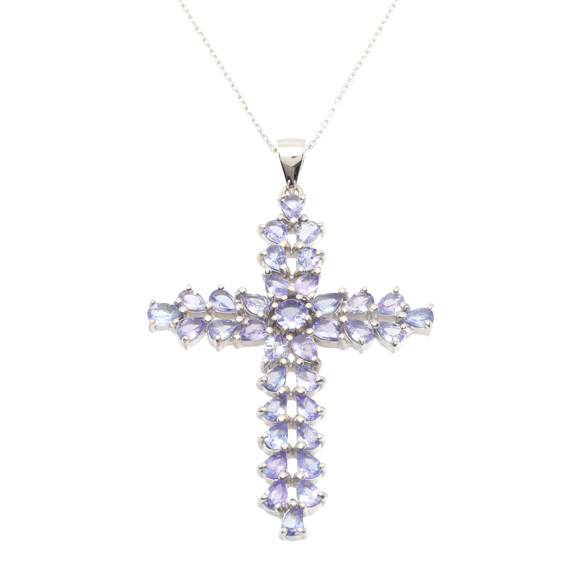 Silver chain with pendant, in the shape of a cross decorated with tanzanites