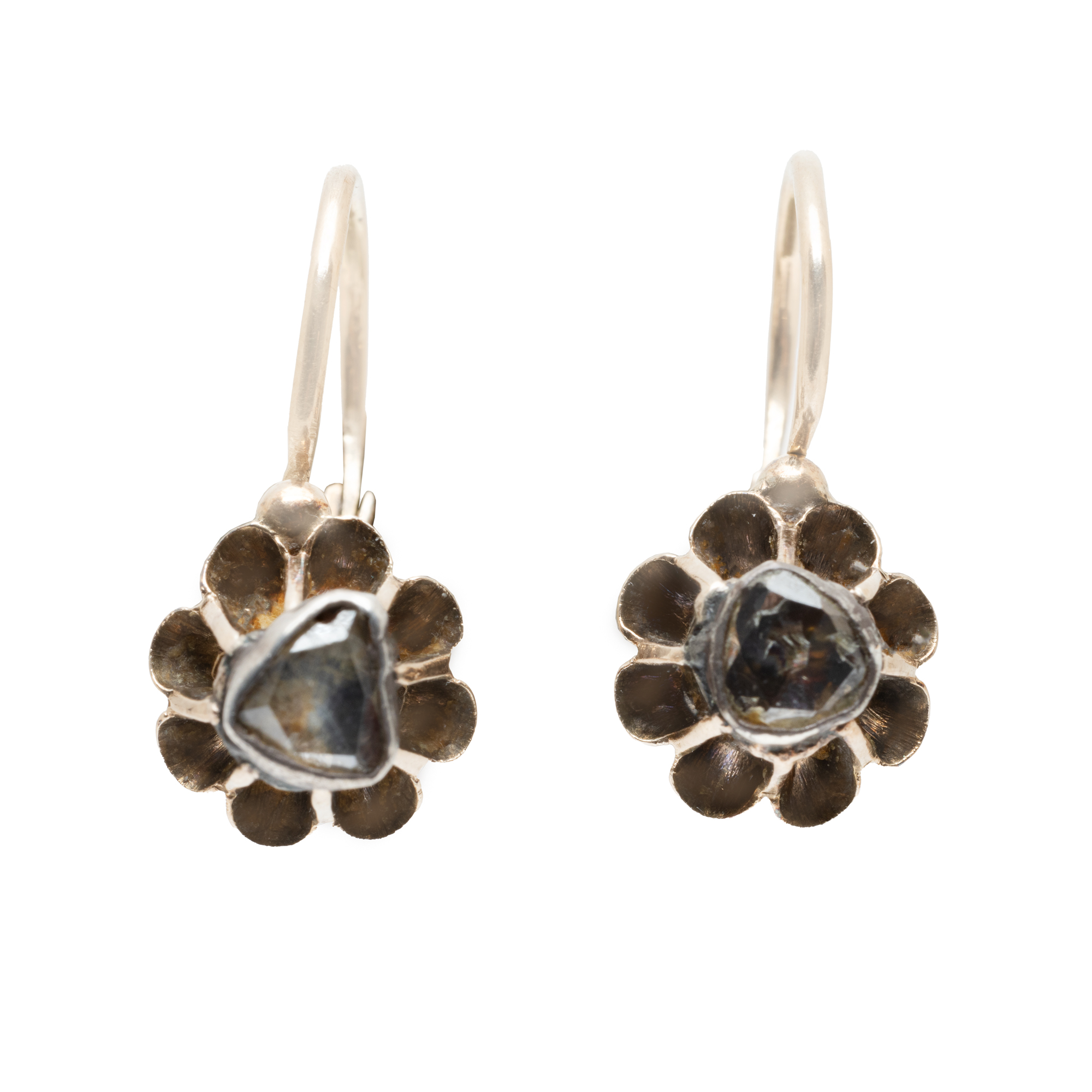 Pair of gold and silver earrings, decorated with diamonds