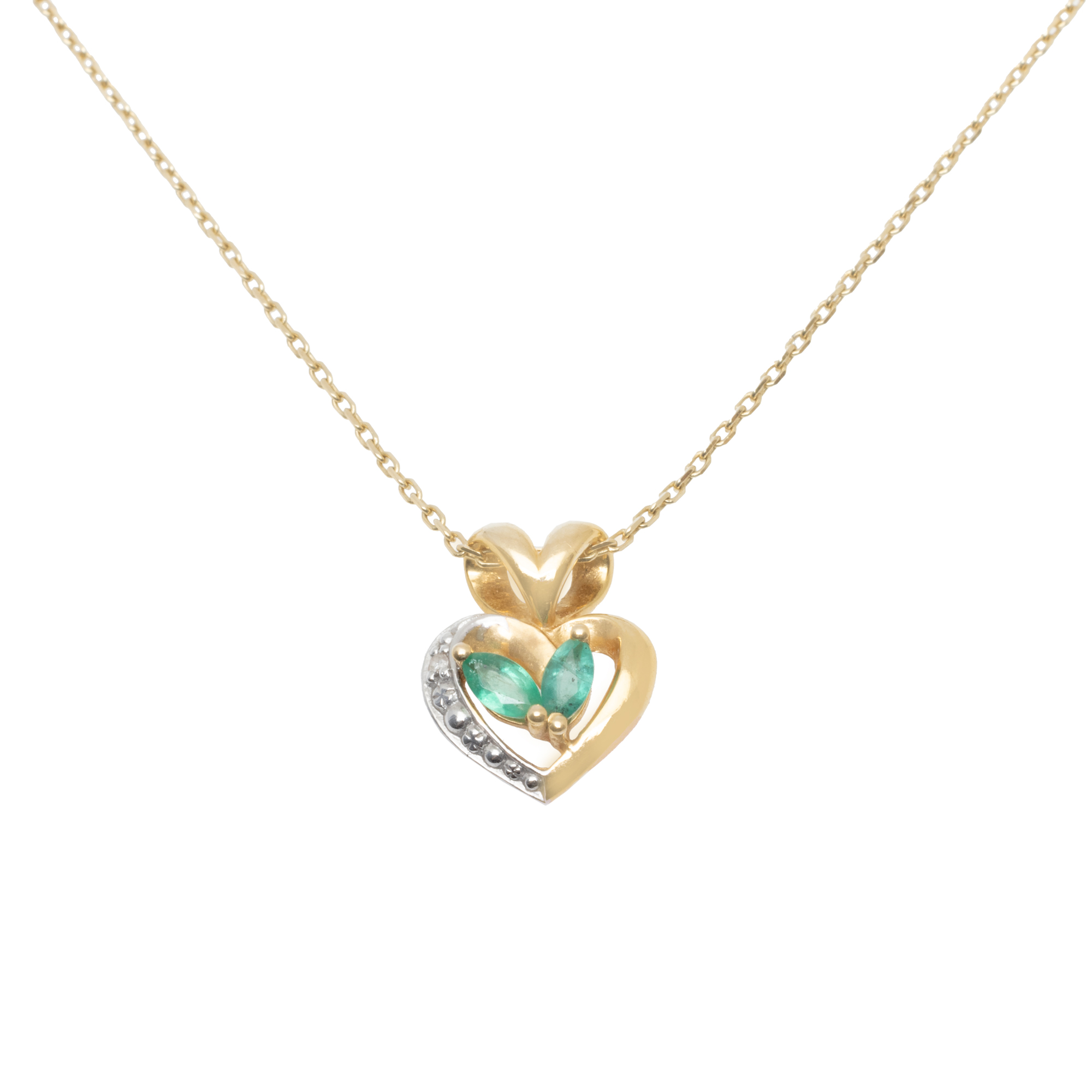 Gold chain with heart-shaped pendant, decorated with emeralds and a diamond