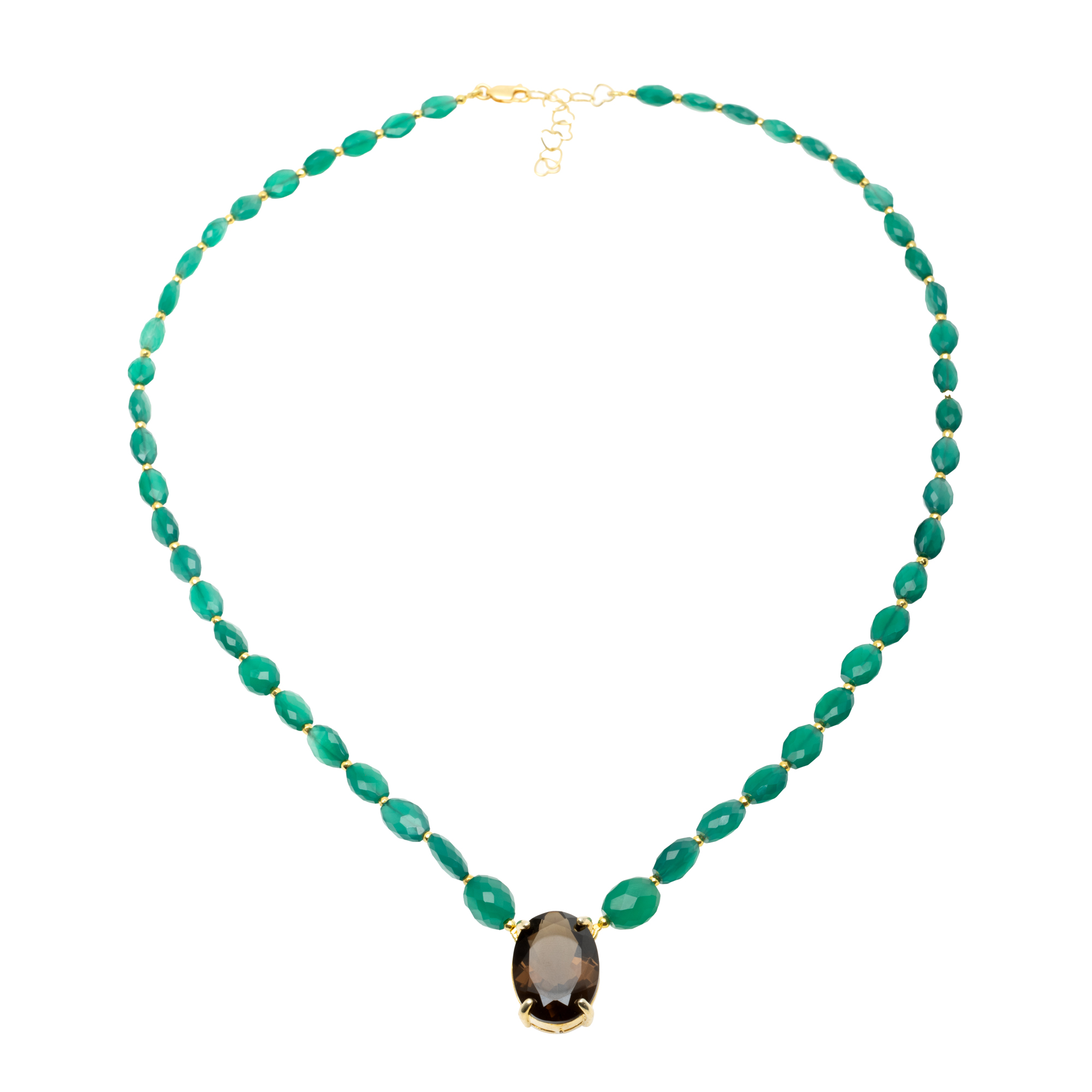 Gilt silver necklace, adorned with smoky quartz and chalcedony
