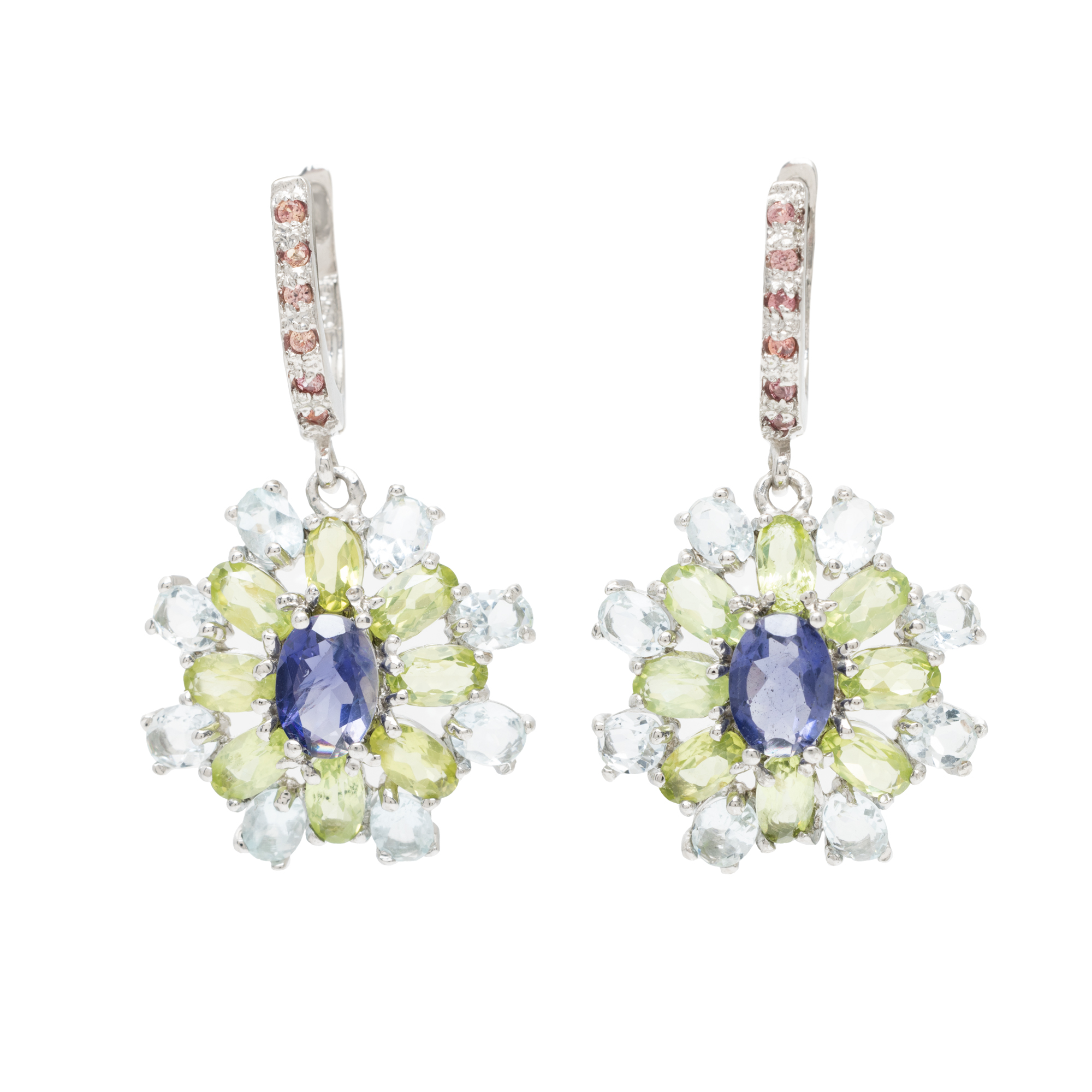 Pair of silver earrings, adorned with a cocktail of colored stones