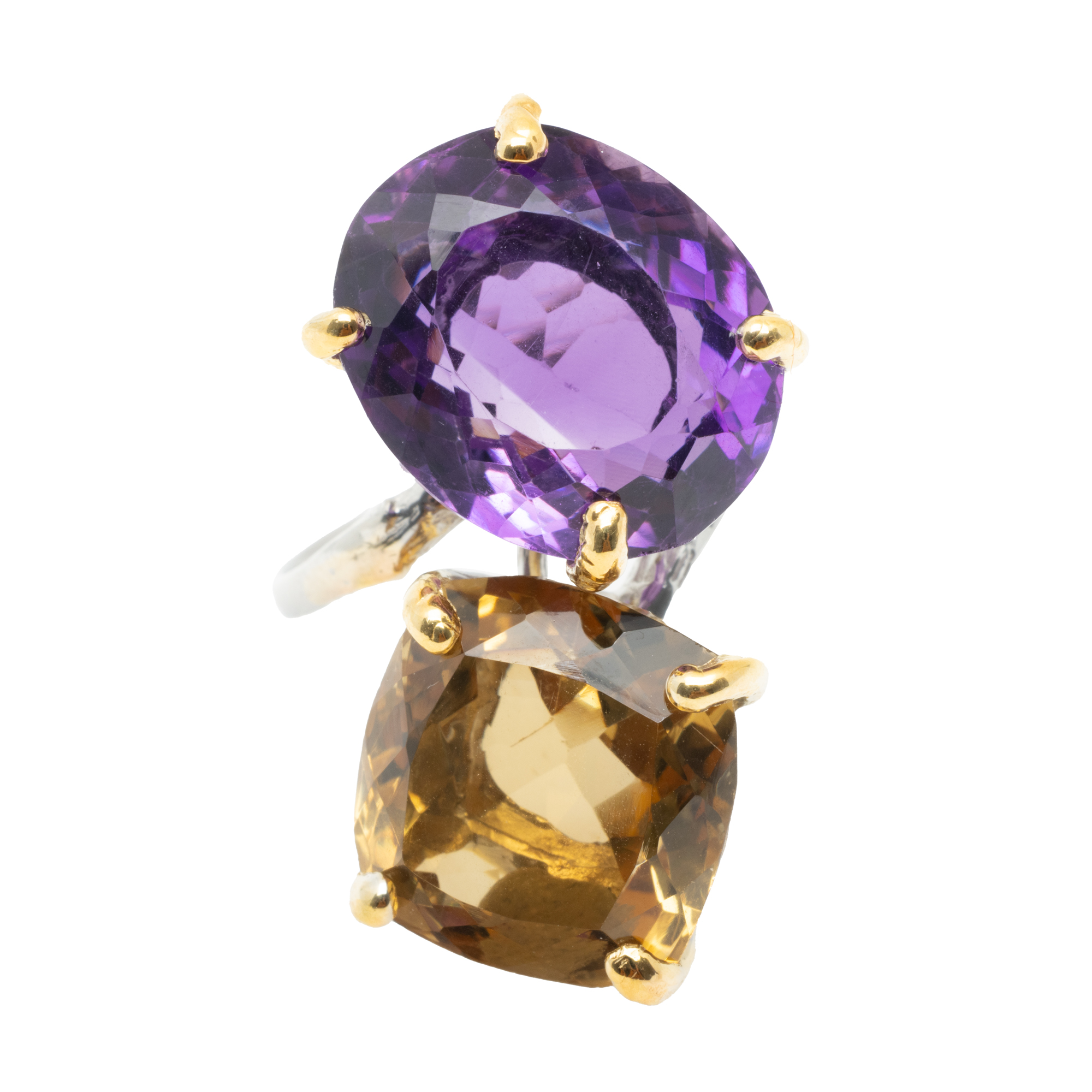 Silver ring, decorated with amethyst and citrine