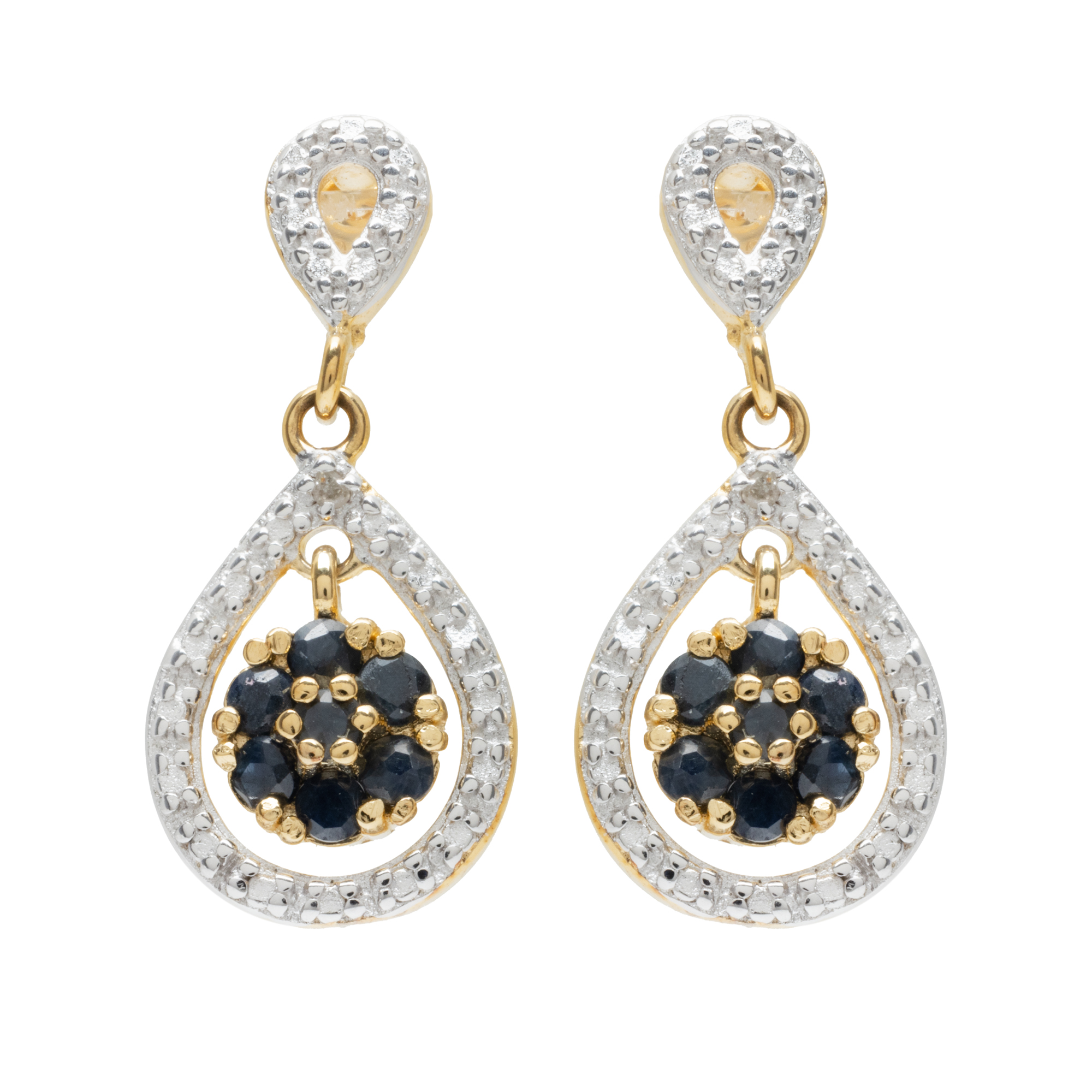 Pair of silver earrings, decorated with sapphires and diamonds in the form of a flower