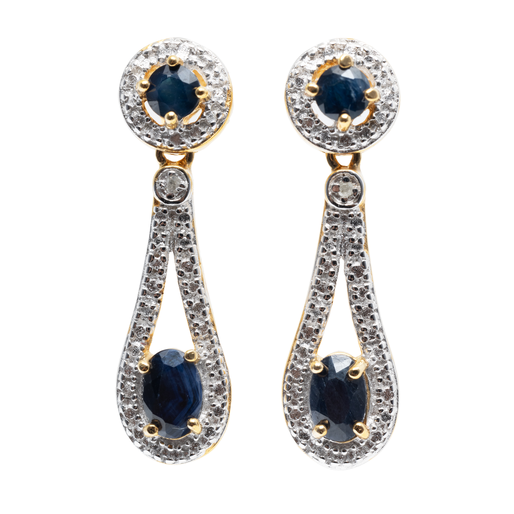 Pair of silver earrings, decorated with diamonds and sapphires