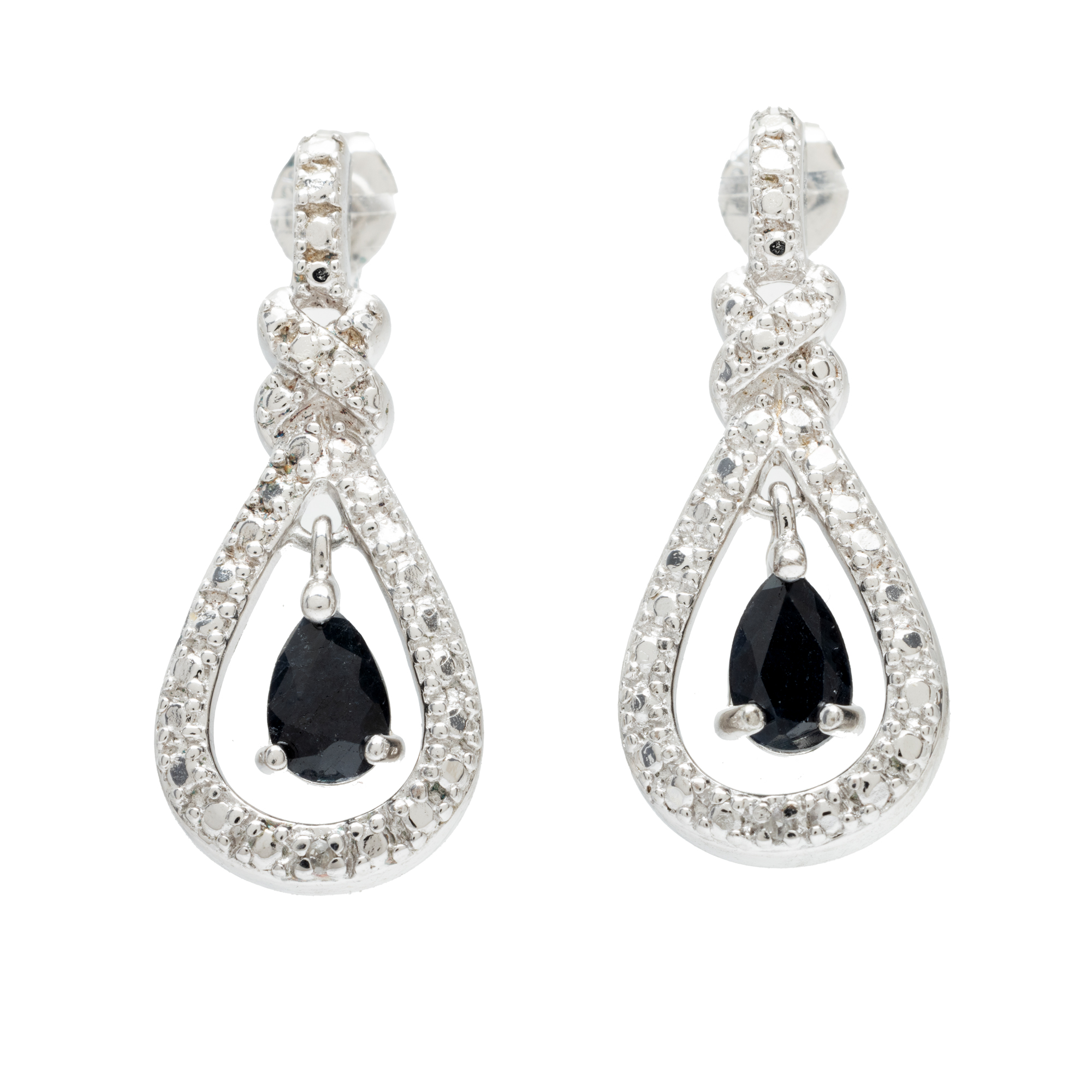 Pair of silver earrings, oval shaped, decorated with diamonds and sapphires