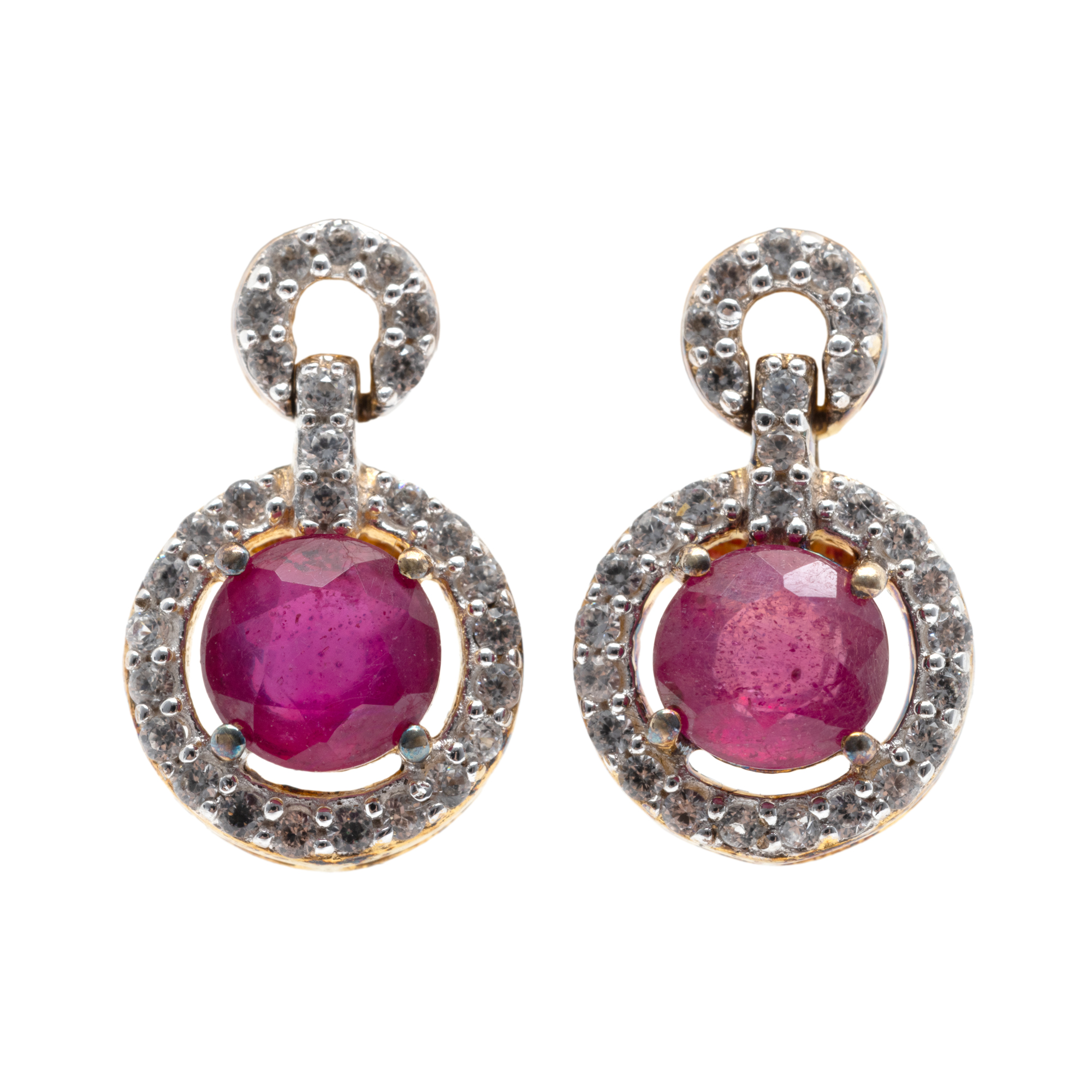 Pair of gilded silver earrings, decorated with rubies and zircon