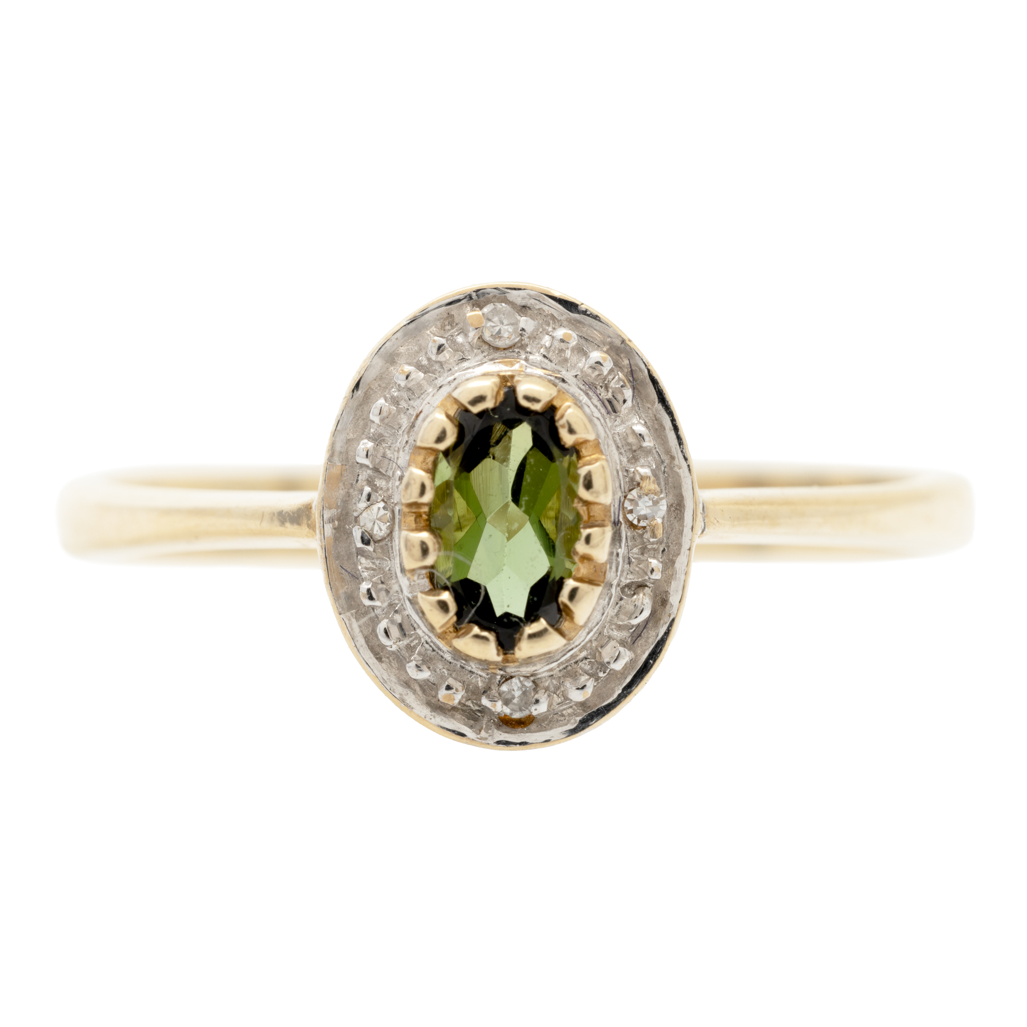 Gold ring, decorated with a tourmaline surrounded by diamonds
